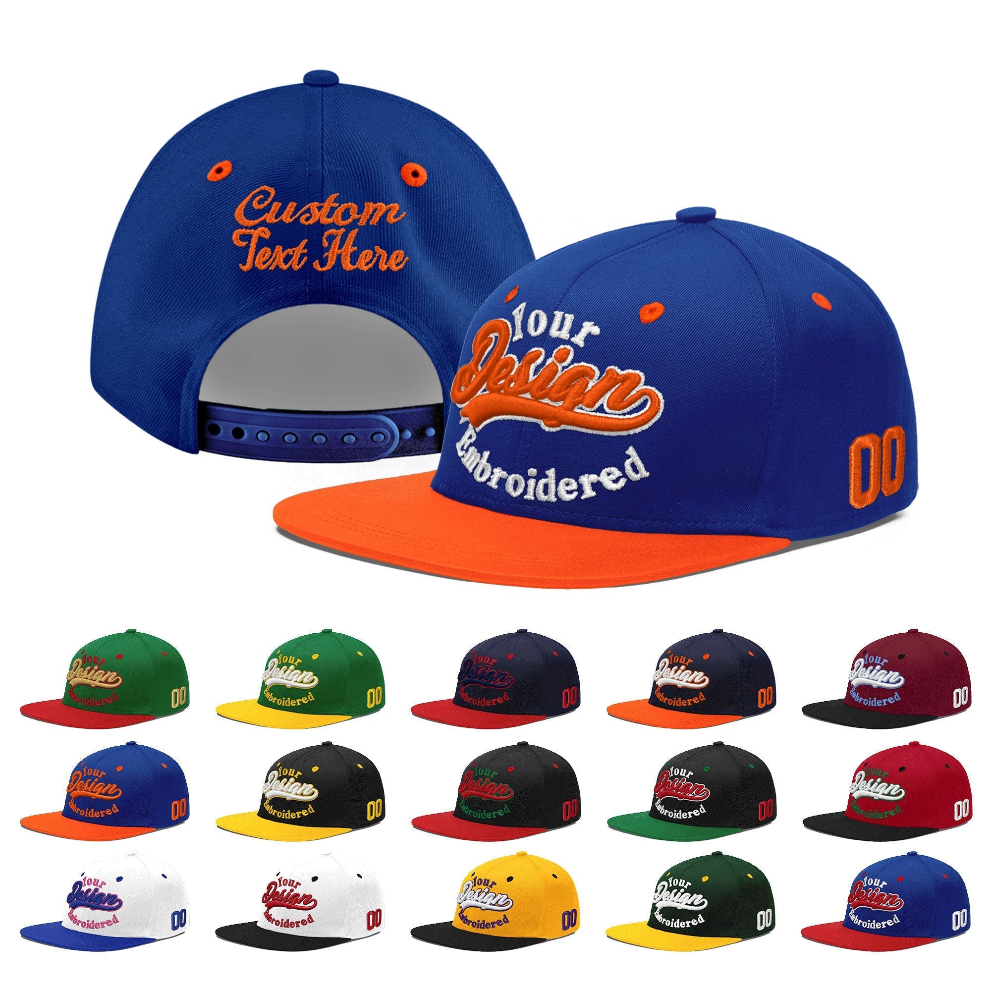 Custom Royal Blue Orange 3D Puff Embroidery Flat Embroidery Casual Sport Baseball Cap