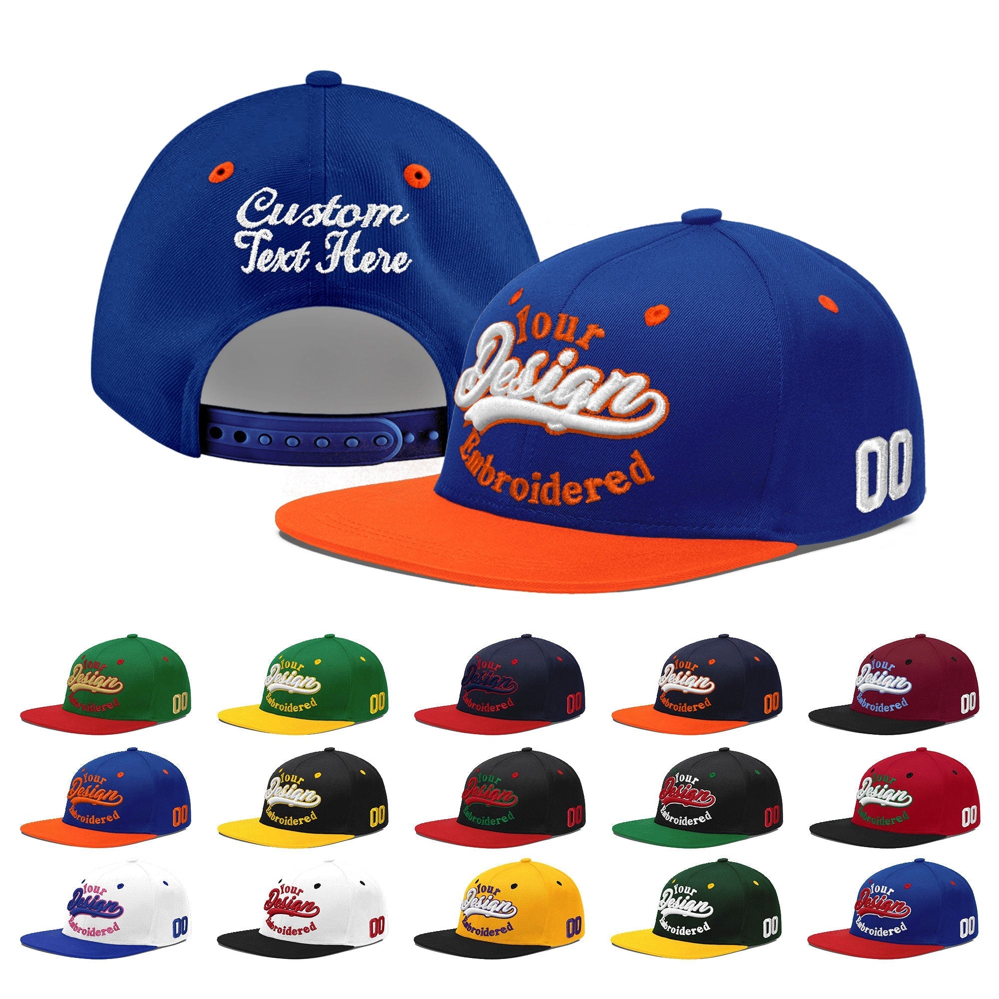 Custom Royal Blue Orange 3D Puff Embroidery Flat Embroidery Casual Sport Baseball Cap