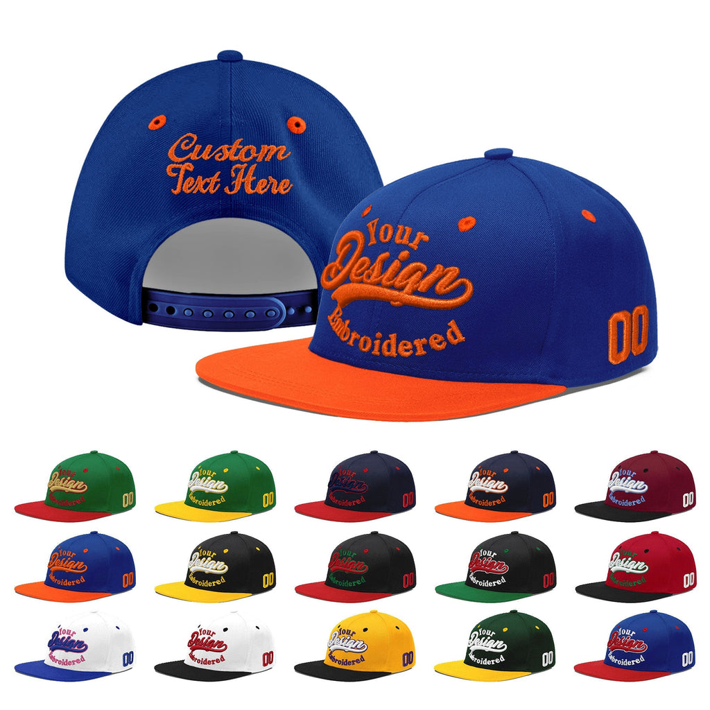 Custom Royal Blue Orange 3D Puff Embroidery Flat Embroidery Casual Sport Baseball Cap