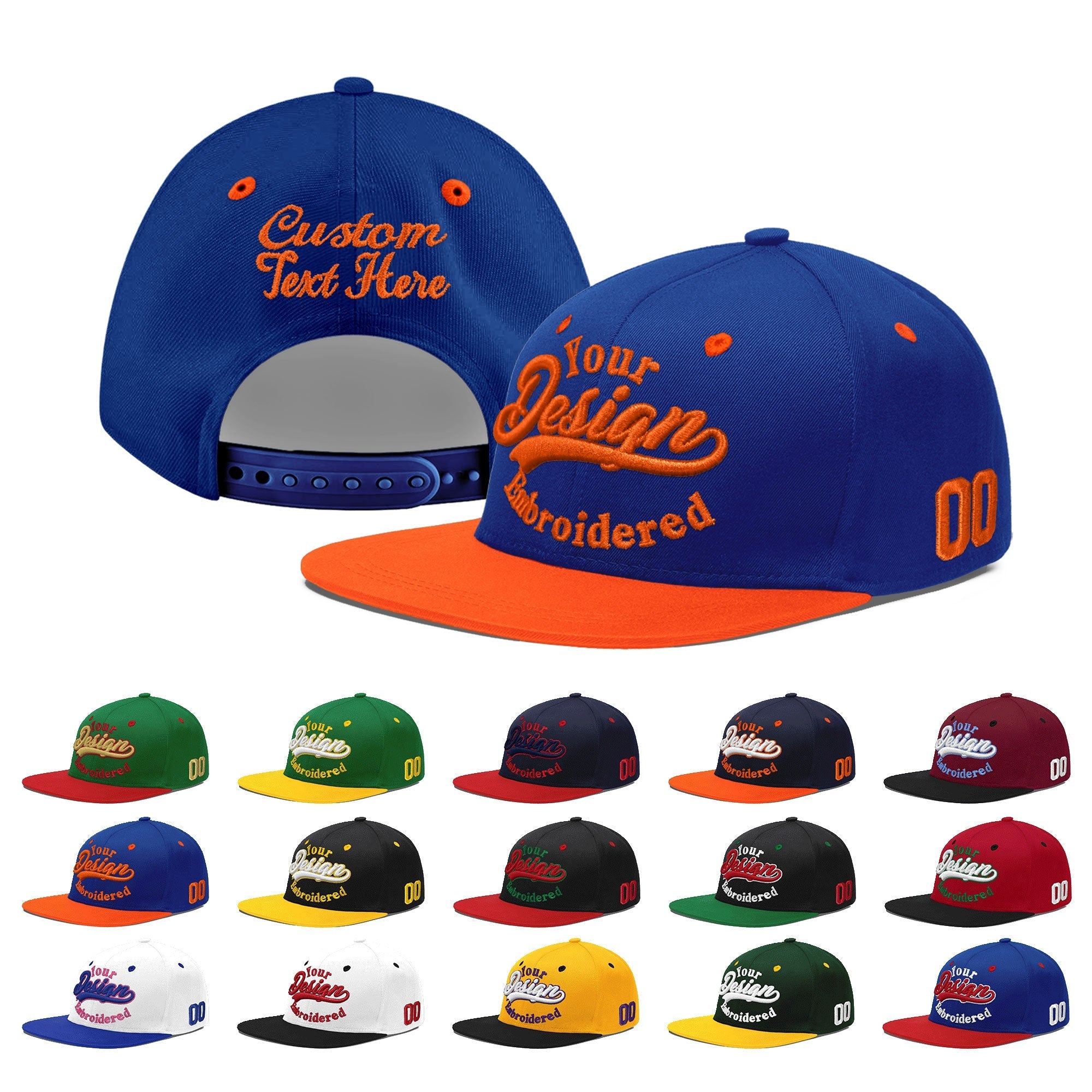 Custom Royal Blue Orange 3D Puff Embroidery Flat Embroidery Casual Sport Baseball Cap