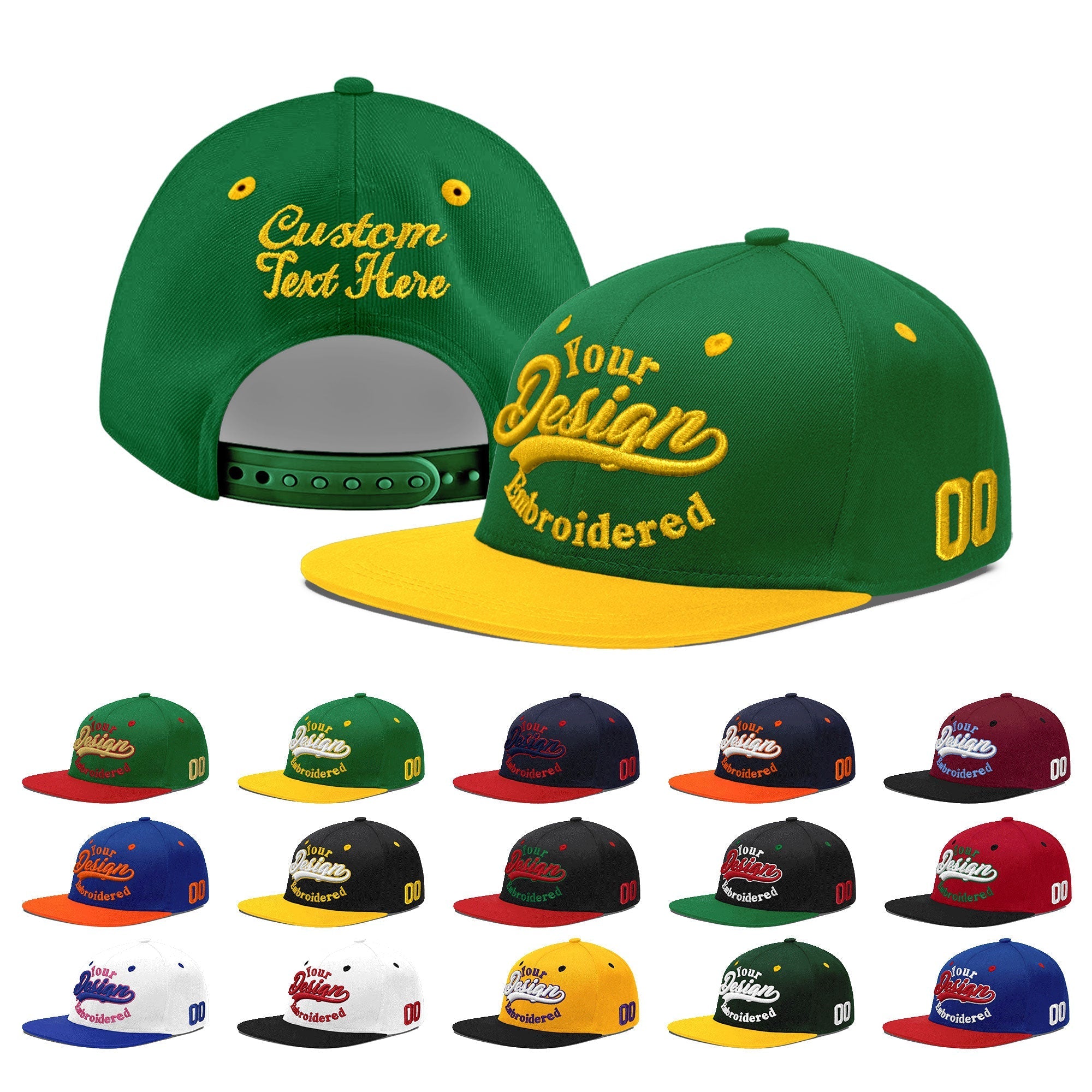 Custom Kelly Green Gold 3D Puff Embroidery Flat Embroidery Casual Sport Baseball Cap