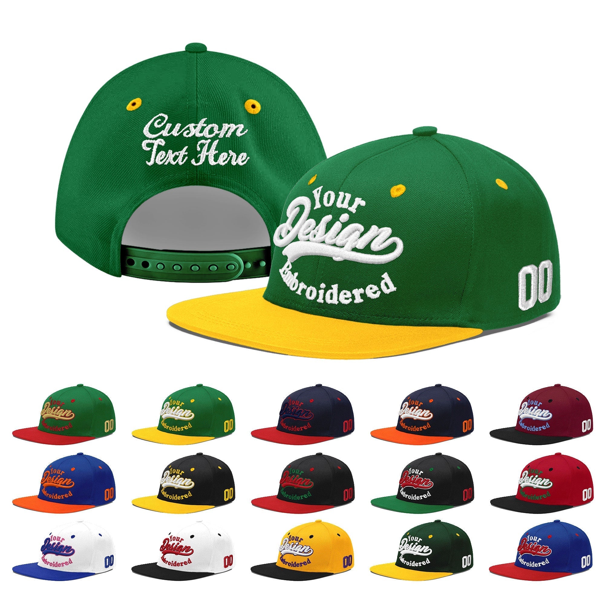 Custom Kelly Green Gold 3D Puff Embroidery Flat Embroidery Casual Sport Baseball Cap