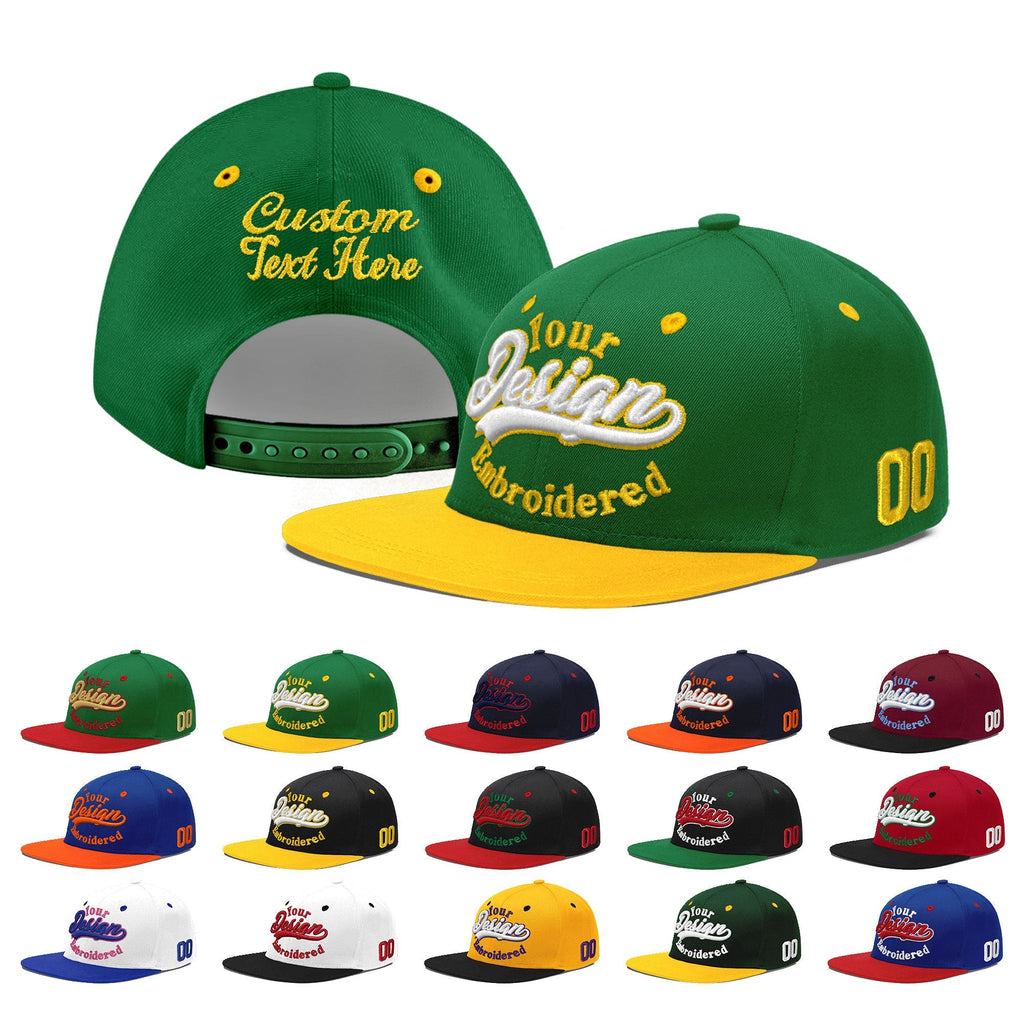 Custom Kelly Green Gold 3D Puff Embroidery Flat Embroidery Casual Sport Baseball Cap