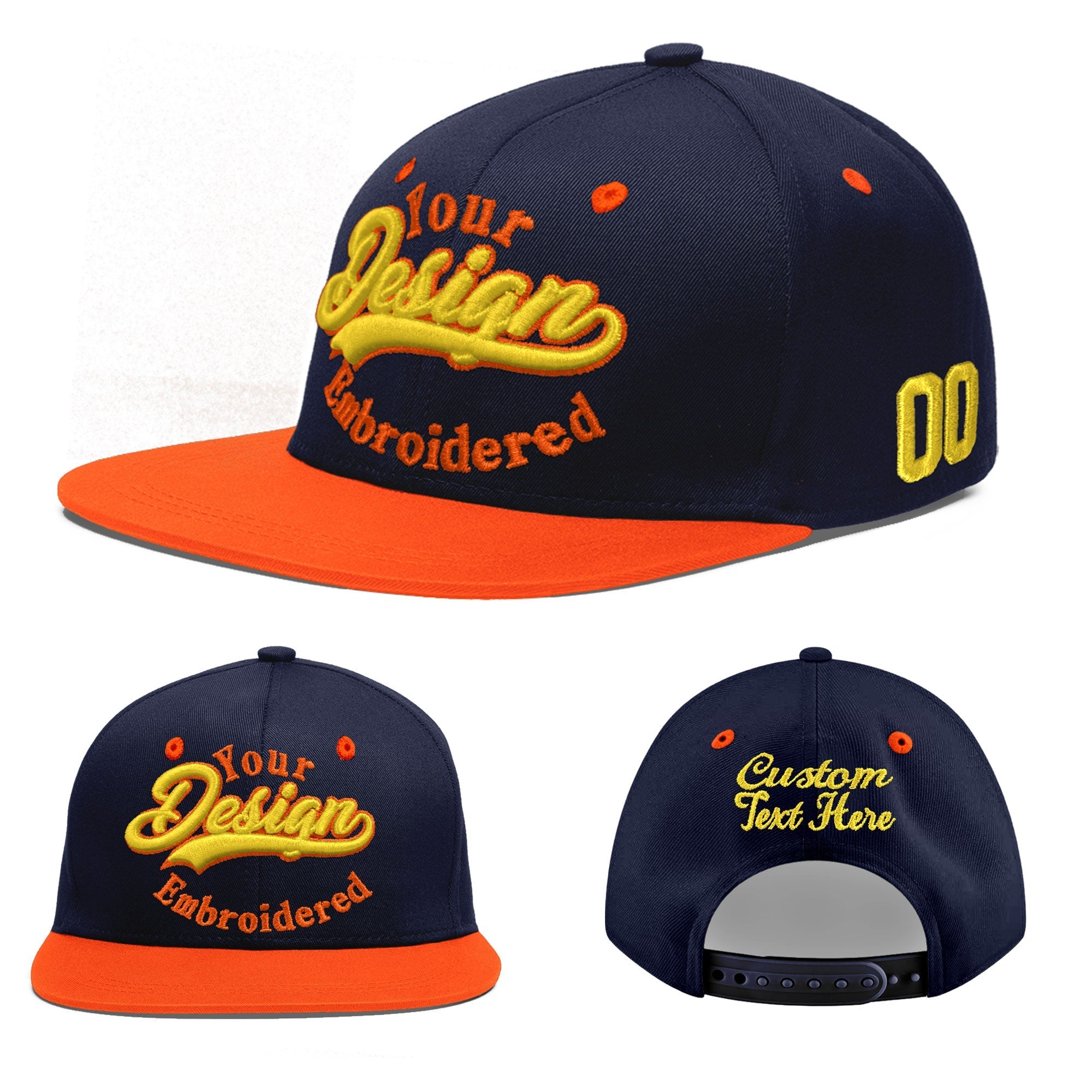 Custom Navy Navy Orange 3D Puff Embroidery Flat Embroidery Casual Sport Baseball Cap