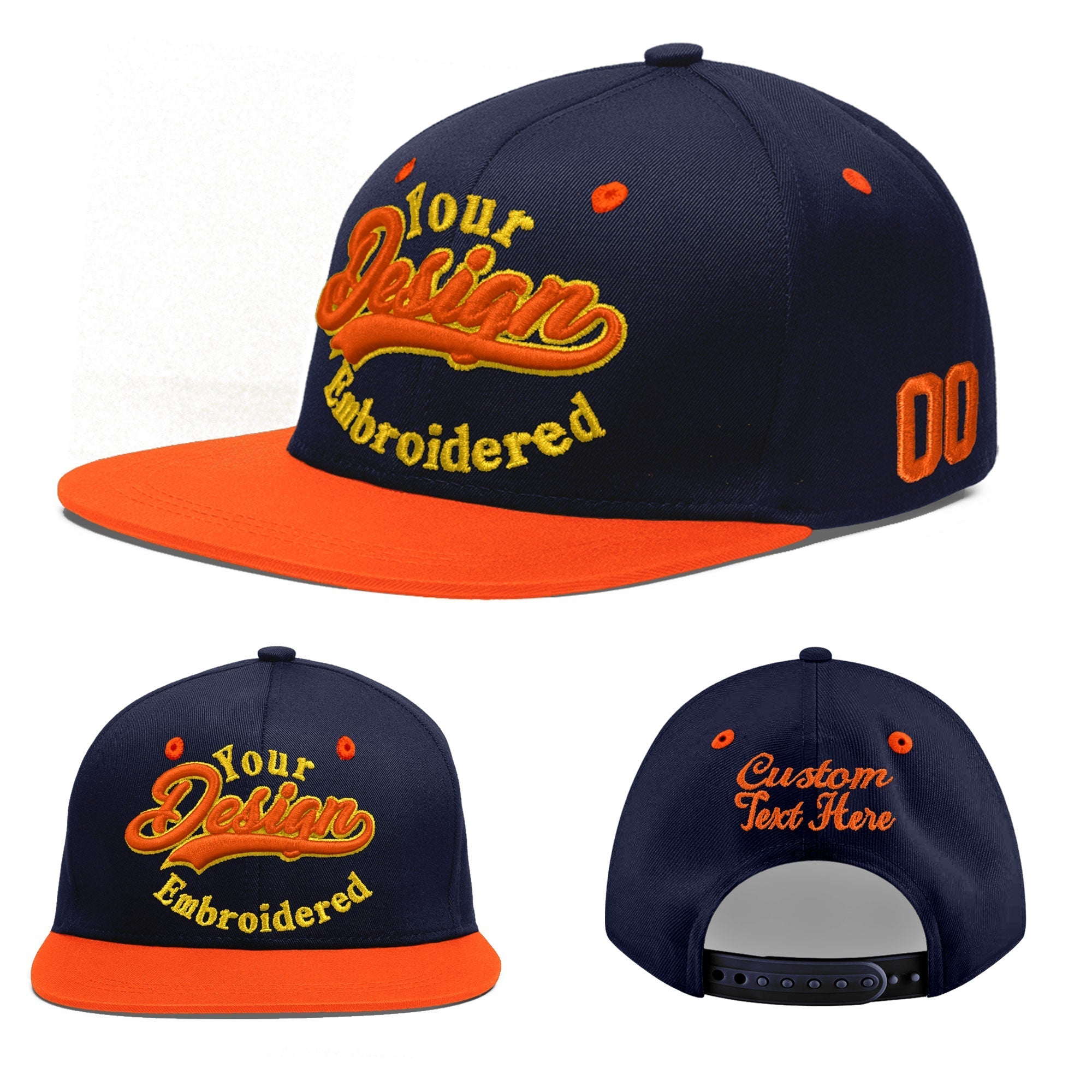 Custom Navy Navy Orange 3D Puff Embroidery Flat Embroidery Casual Sport Baseball Cap