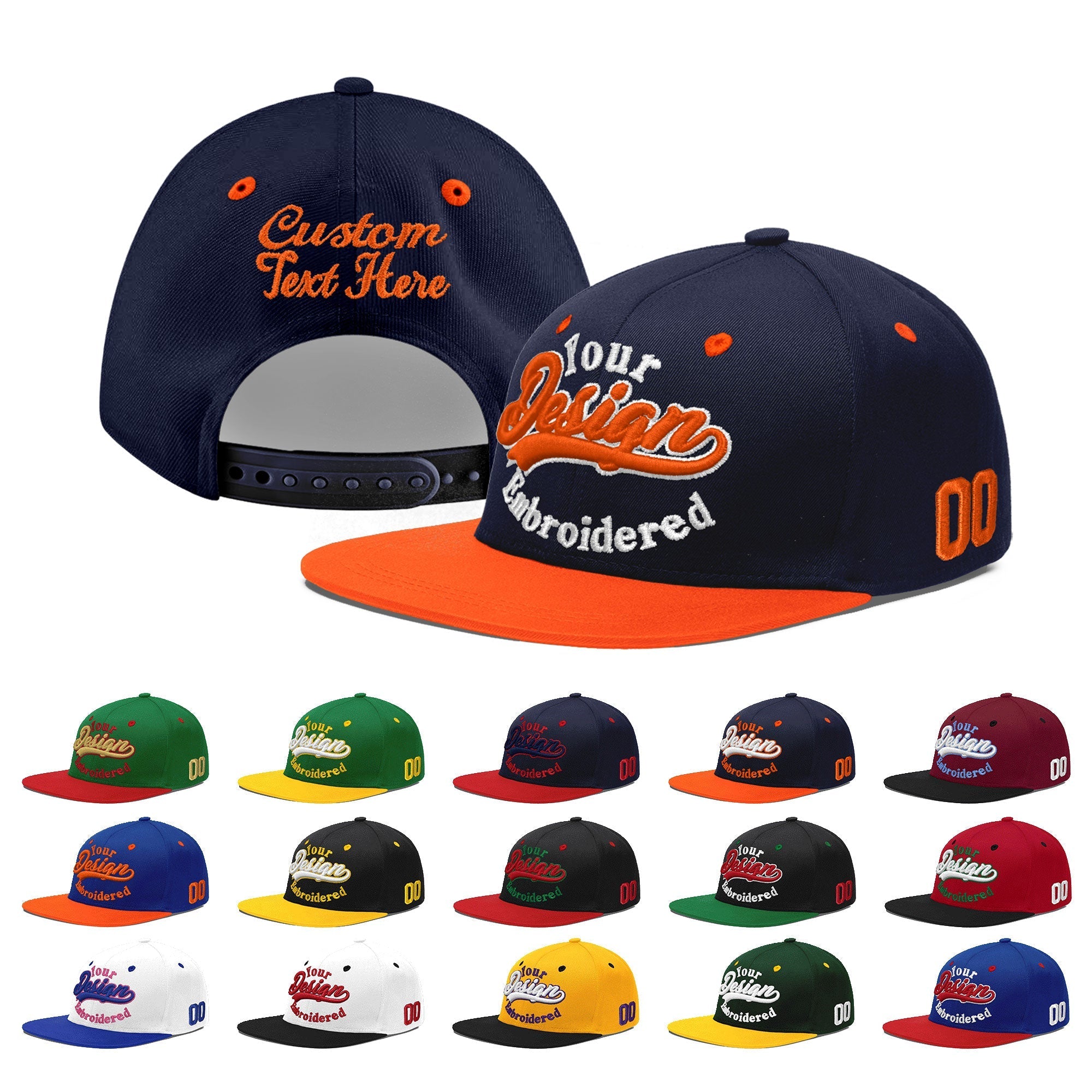 Custom Navy Navy Orange 3D Puff Embroidery Flat Embroidery Casual Sport Baseball Cap