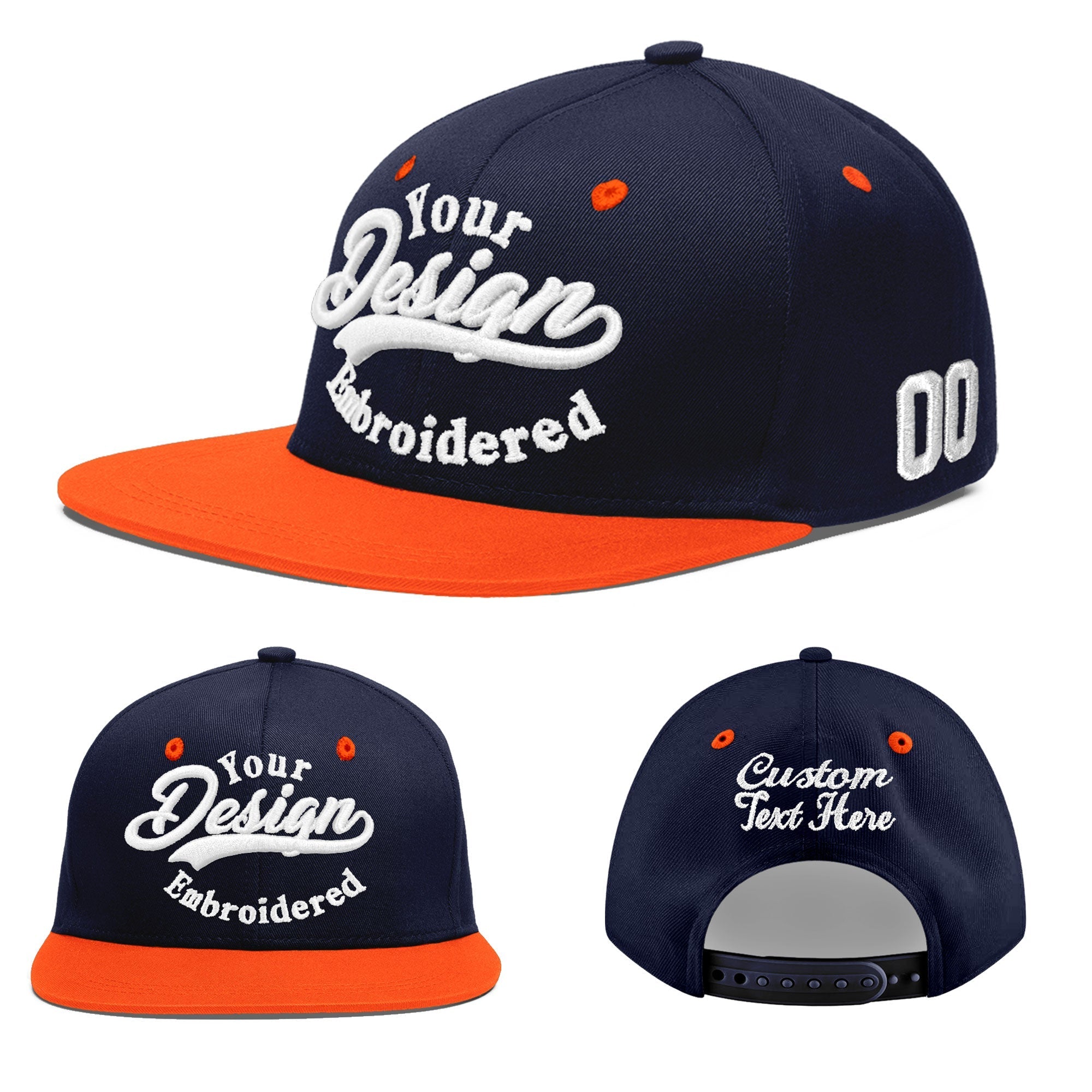Custom Navy Navy Orange 3D Puff Embroidery Flat Embroidery Casual Sport Baseball Cap