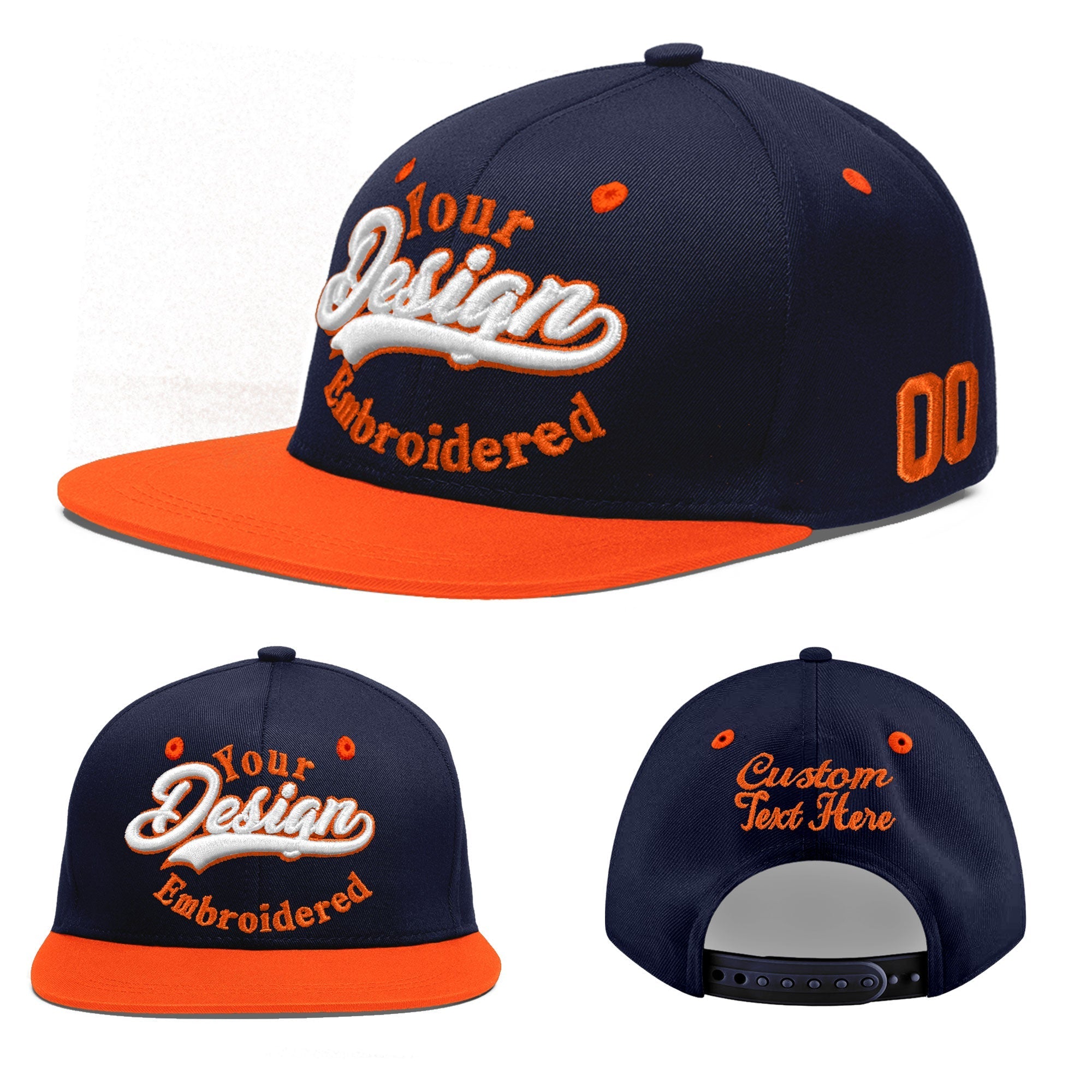 Custom Navy Navy Orange 3D Puff Embroidery Flat Embroidery Casual Sport Baseball Cap