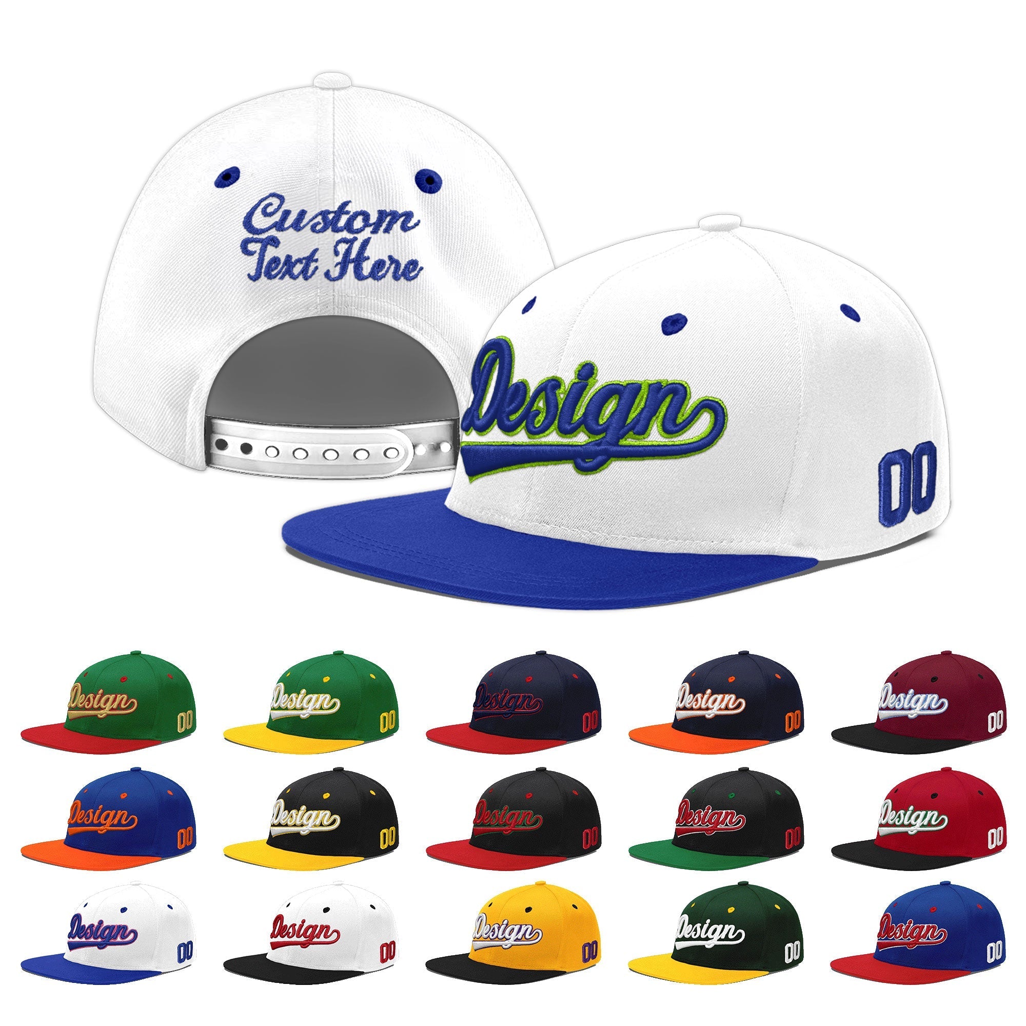 Custom White Royal Blue 3D Puff Embroidery Flat Embroidery Casual Sport Baseball Cap