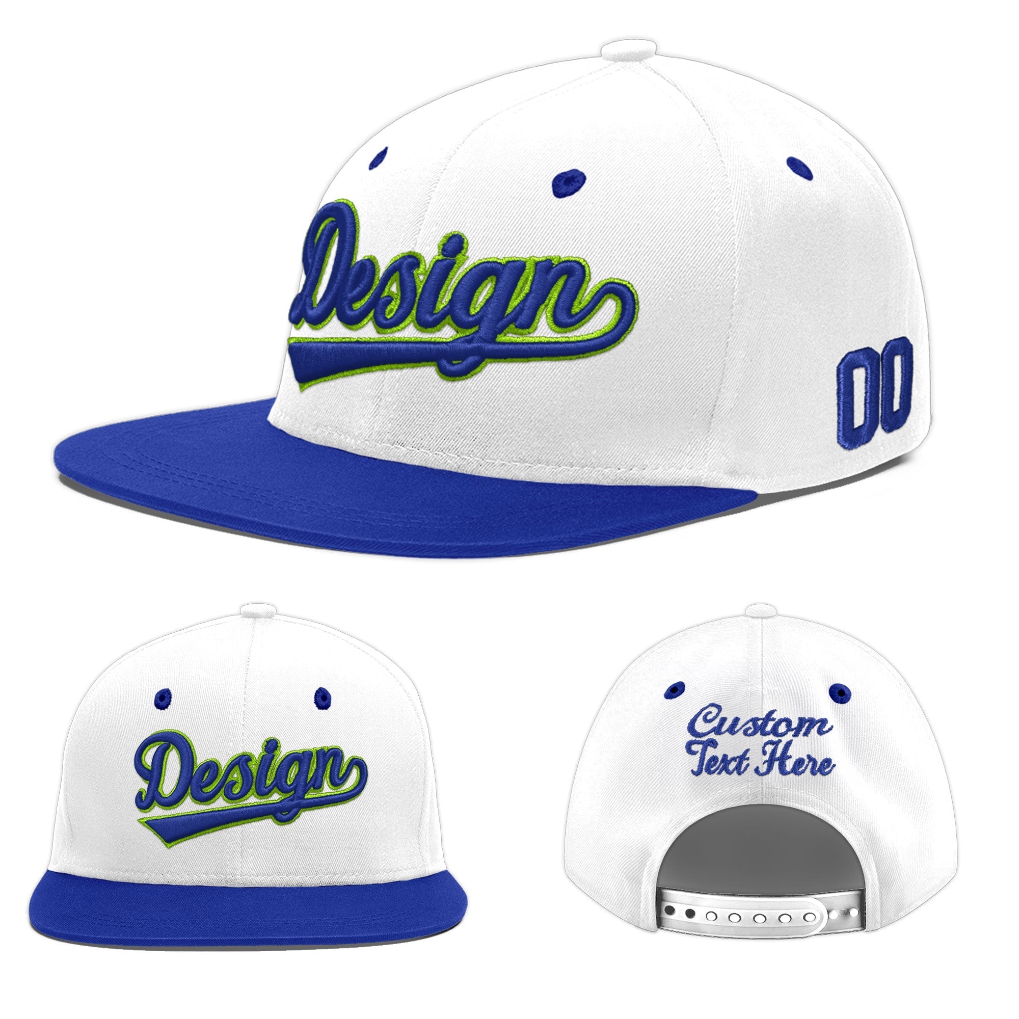 Custom White Royal Blue 3D Puff Embroidery Flat Embroidery Casual Sport Baseball Cap