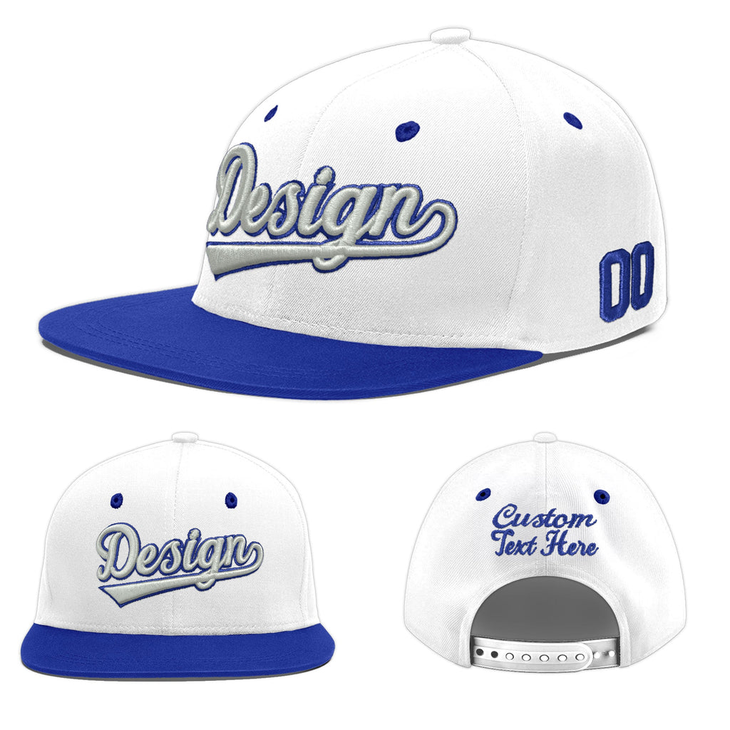 Custom White Royal Blue 3D Puff Embroidery Flat Embroidery Casual Sport Baseball Cap