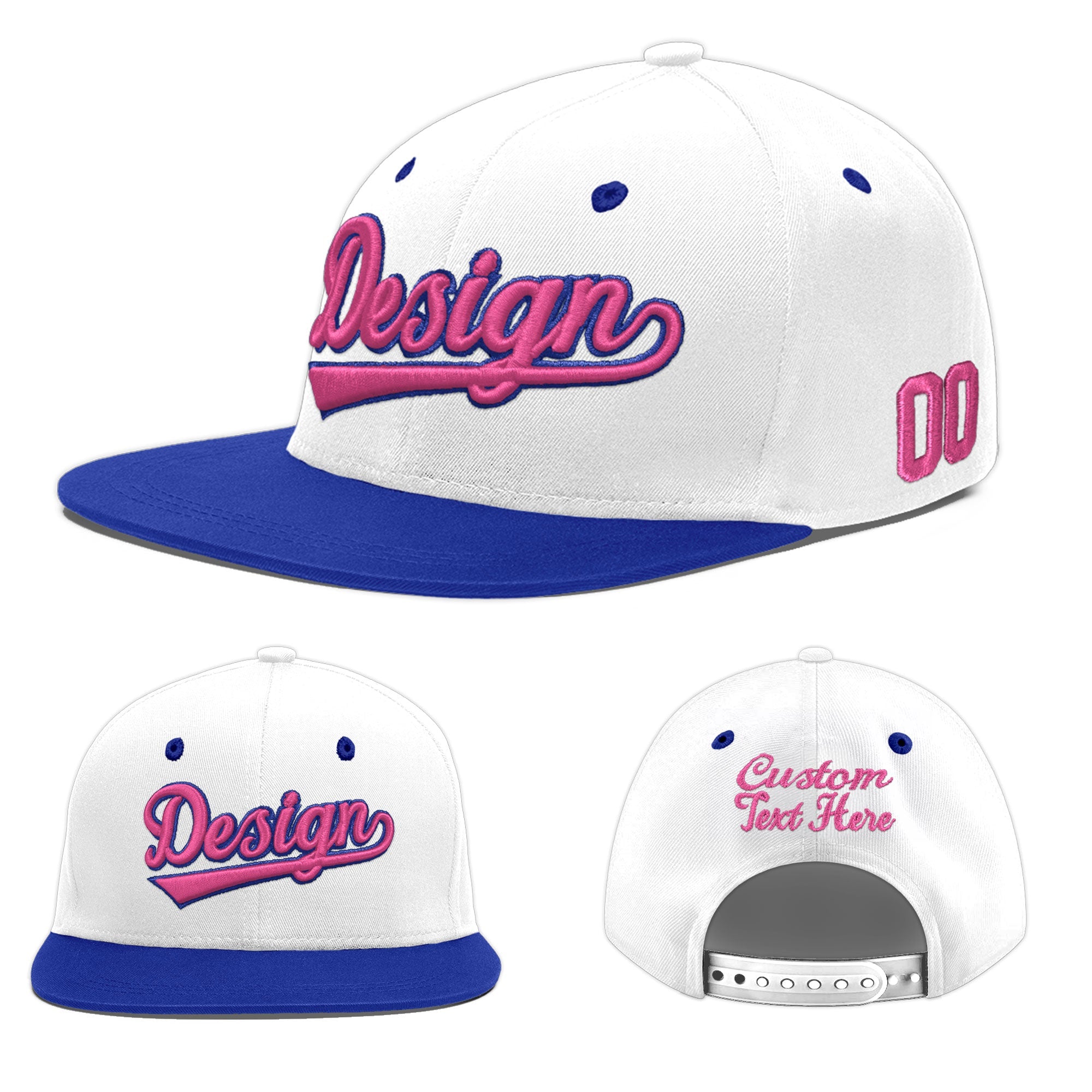 Custom White Royal Blue 3D Puff Embroidery Flat Embroidery Casual Sport Baseball Cap
