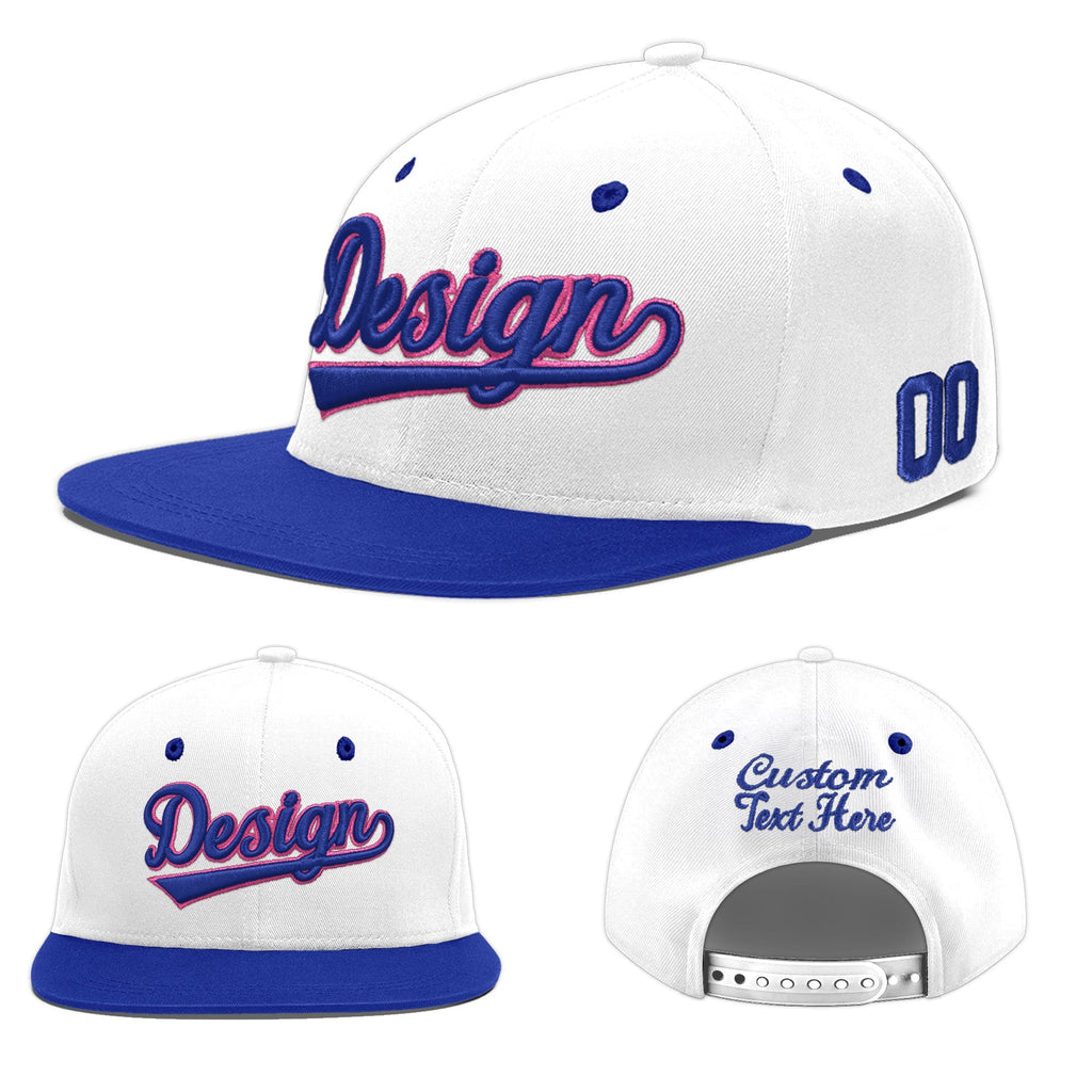 Custom White Royal Blue 3D Puff Embroidery Flat Embroidery Casual Sport Baseball Cap