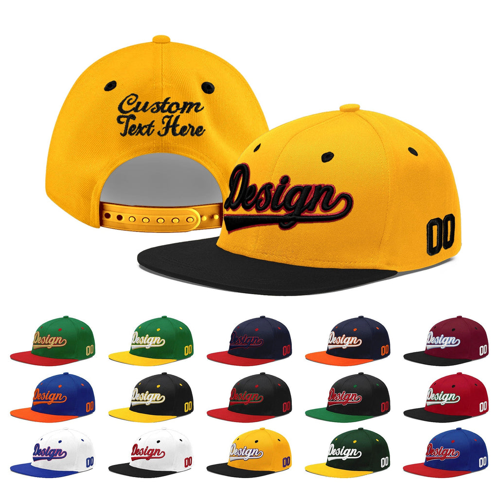 Custom Gold Black 3D Puff Embroidery Flat Embroidery Casual Sport Baseball Cap