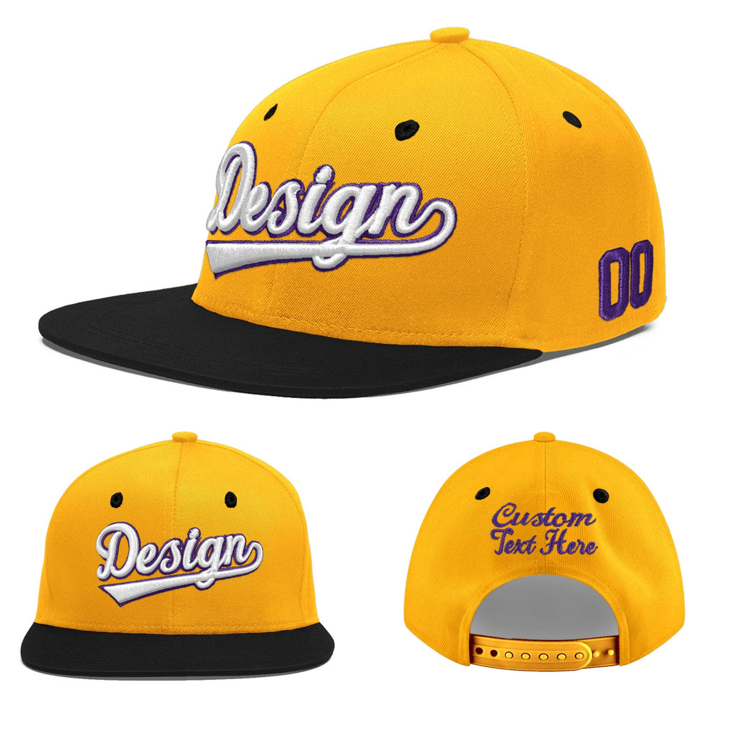Custom Gold Black 3D Puff Embroidery Flat Embroidery Casual Sport Baseball Cap