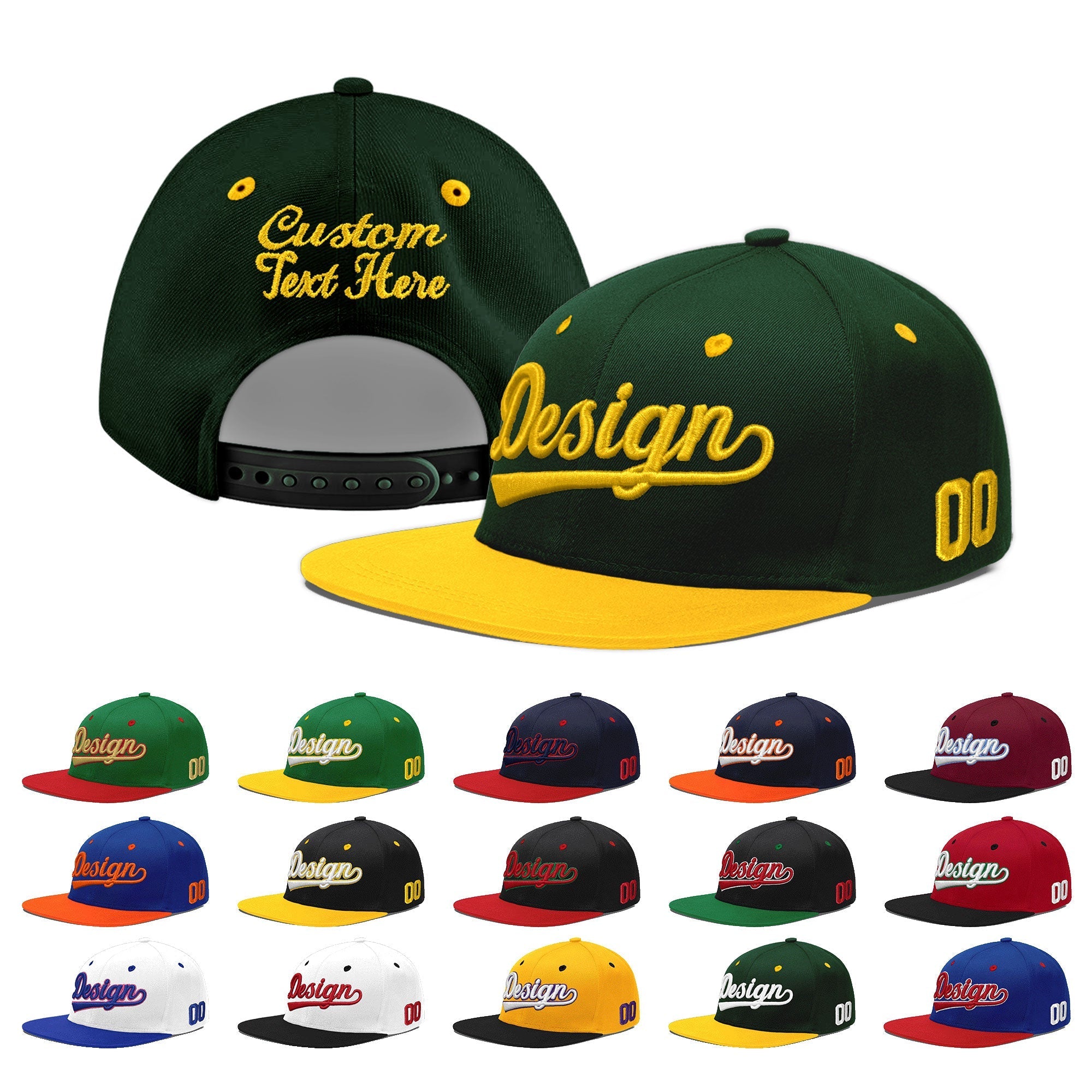 Custom Green Gold 3D Puff Embroidery Flat Embroidery Casual Sport Baseball Cap