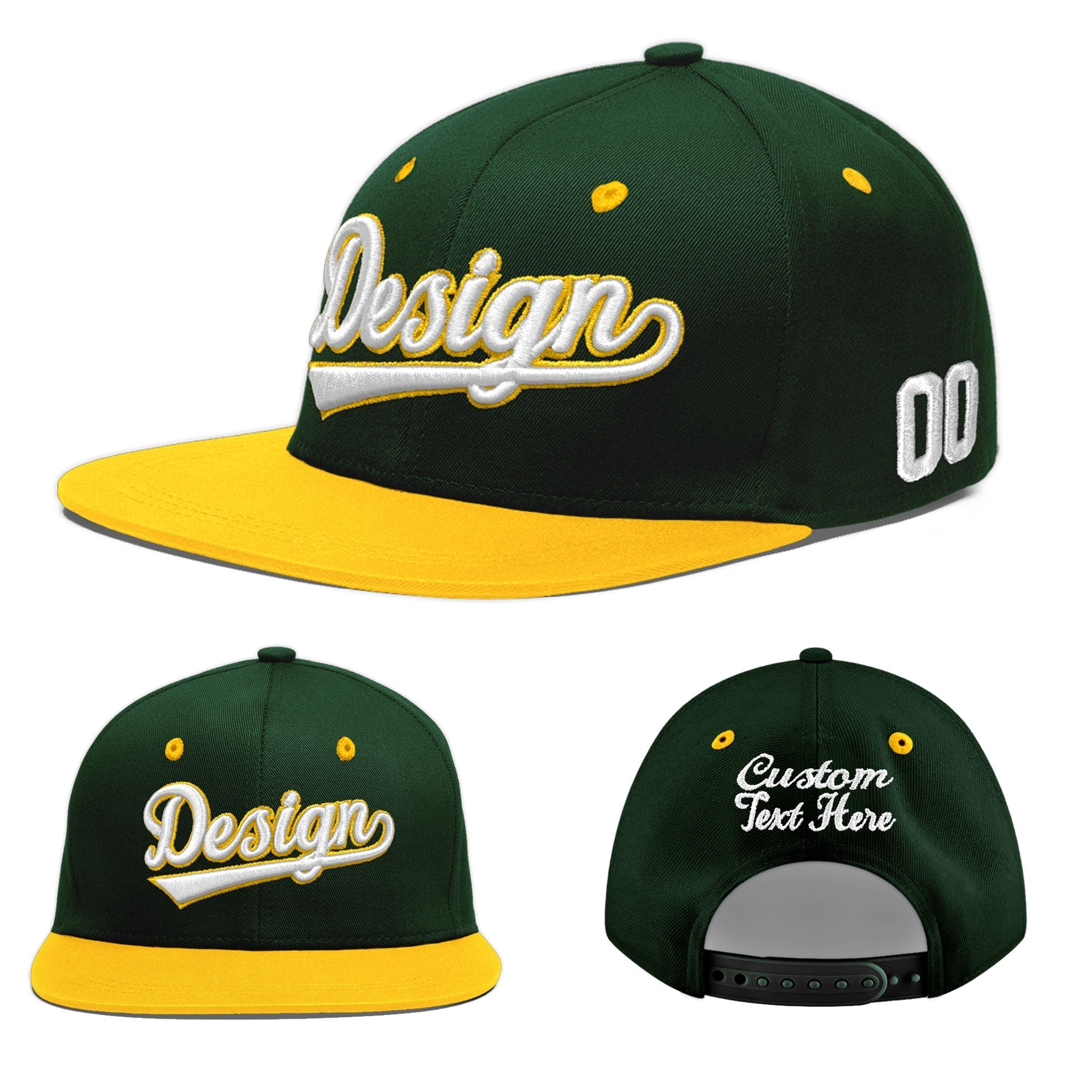 Custom Green Gold 3D Puff Embroidery Flat Embroidery Casual Sport Baseball Cap