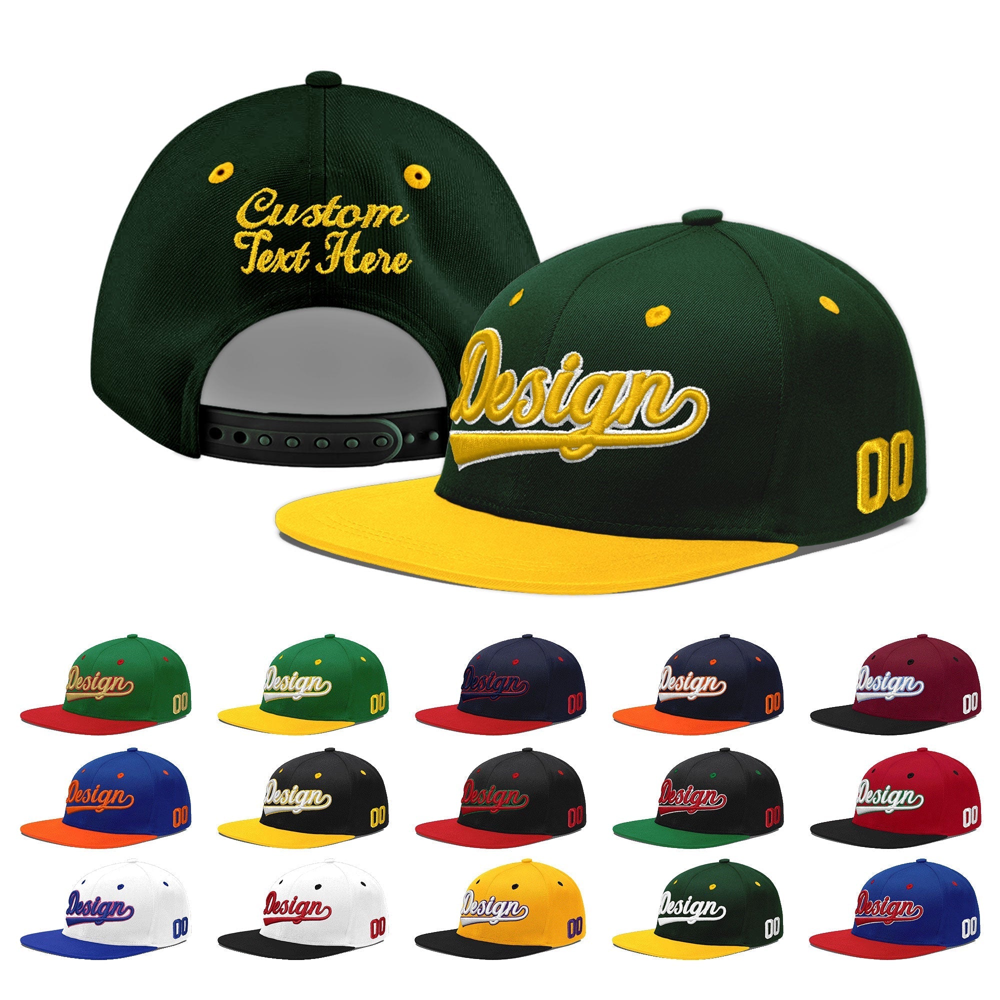 Custom Green Gold 3D Puff Embroidery Flat Embroidery Casual Sport Baseball Cap