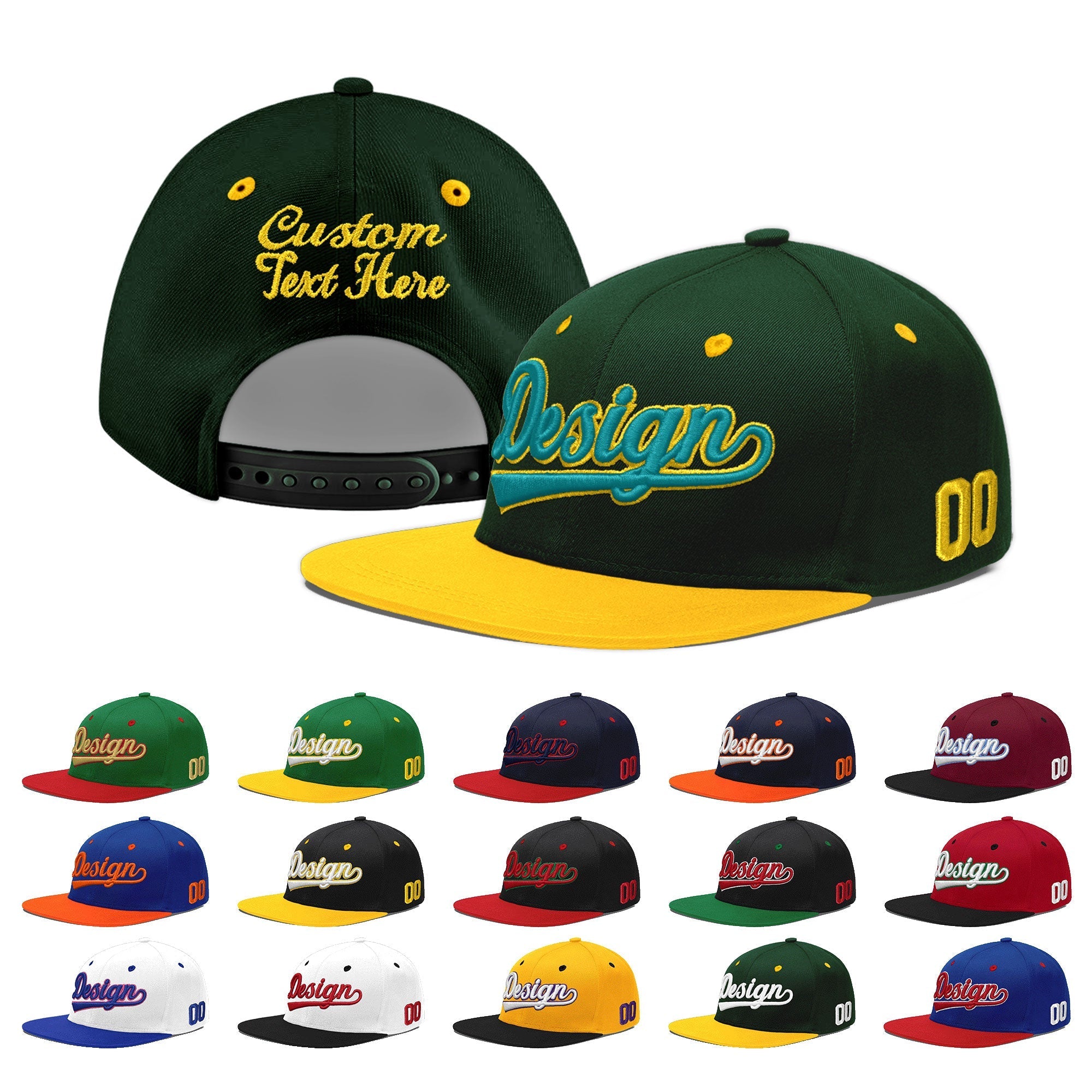 Custom Green Gold 3D Puff Embroidery Flat Embroidery Casual Sport Baseball Cap