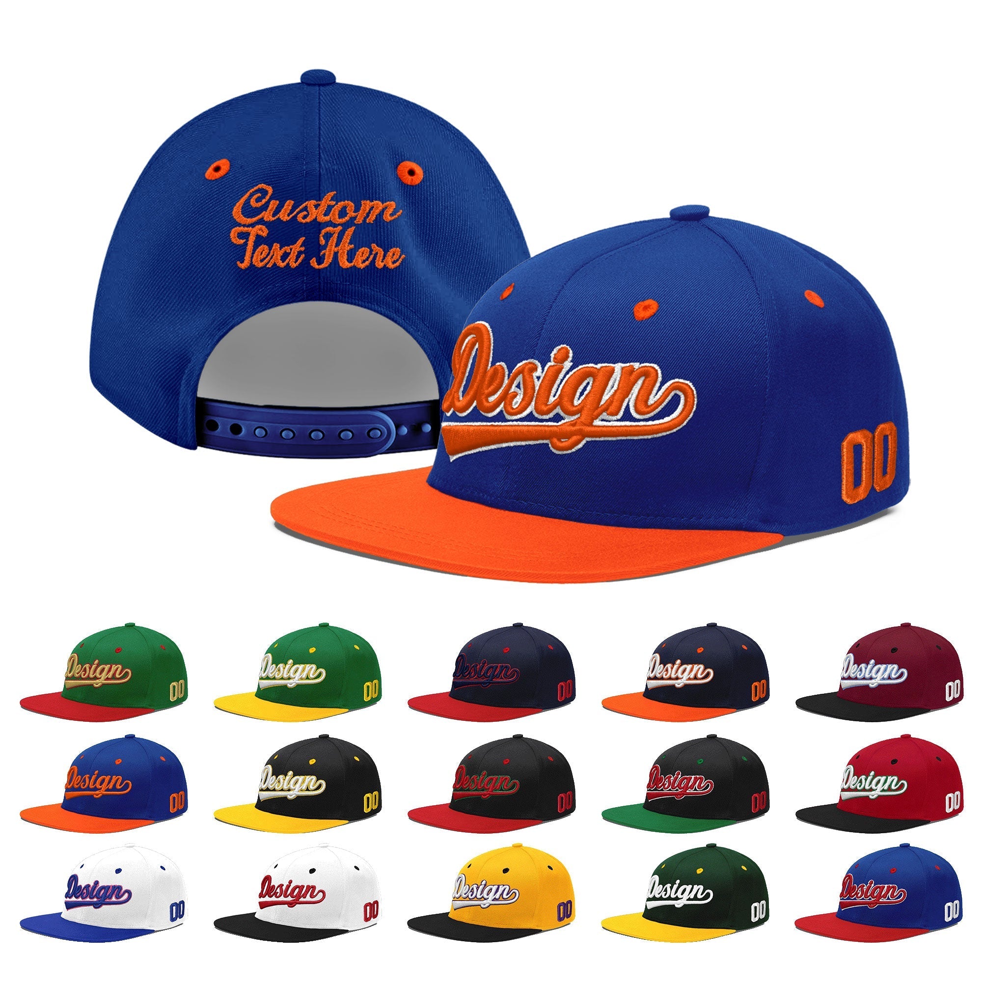 Custom Royal Blue Orange 3D Puff Embroidery Flat Embroidery Casual Sport Baseball Cap