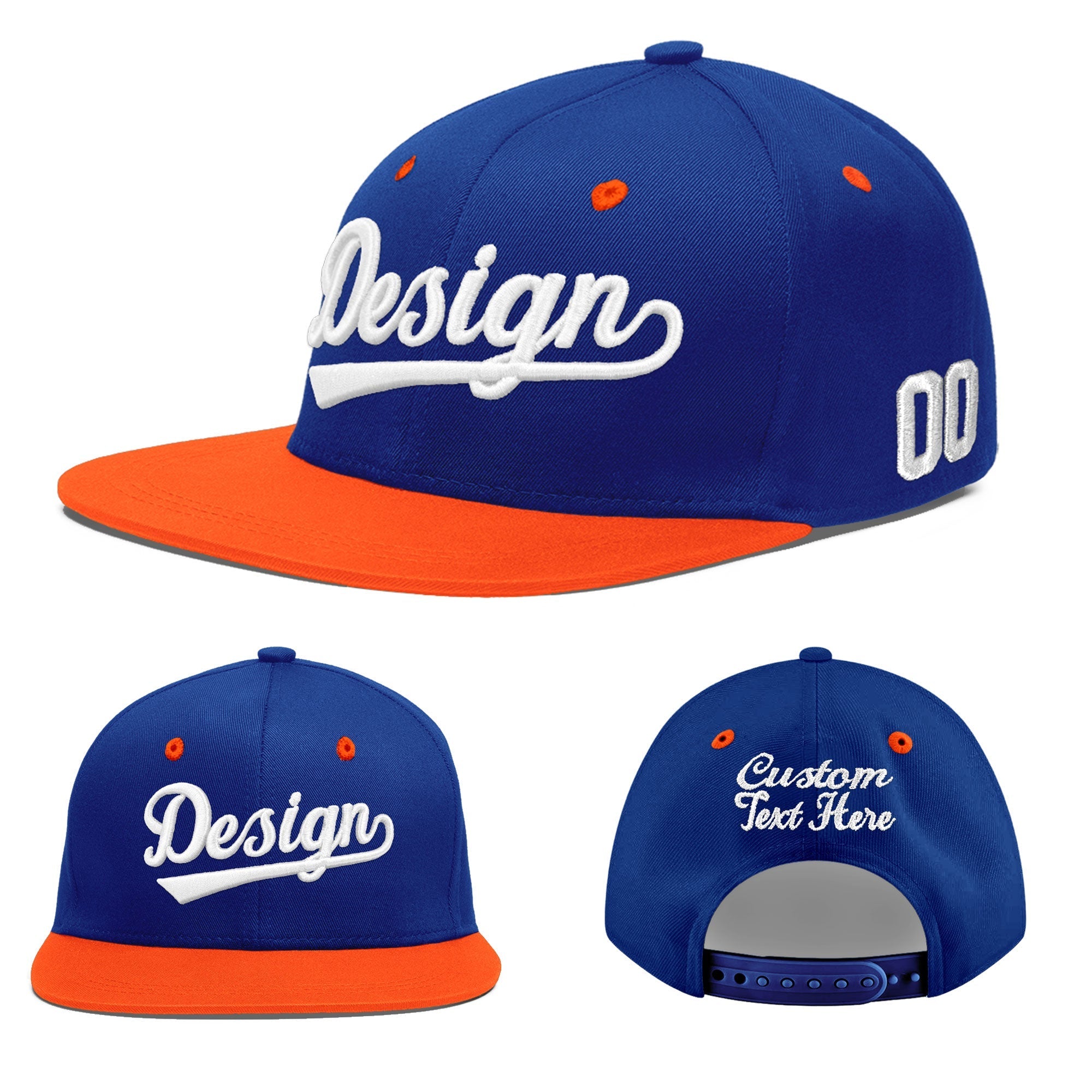 Custom Royal Blue Orange 3D Puff Embroidery Flat Embroidery Casual Sport Baseball Cap