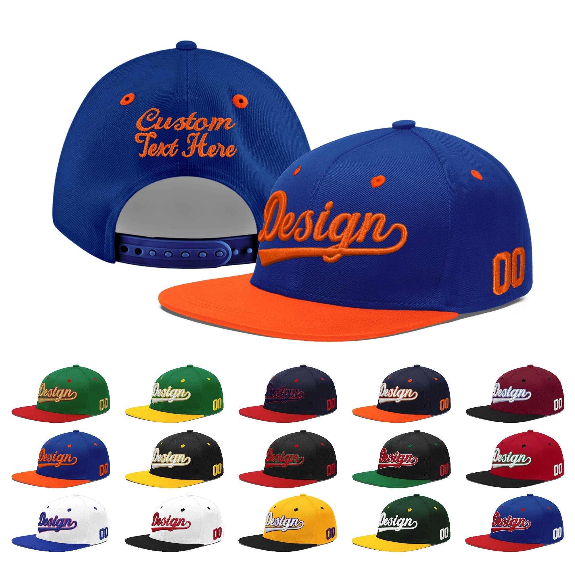 Custom Royal Blue Orange 3D Puff Embroidery Flat Embroidery Casual Sport Baseball Cap