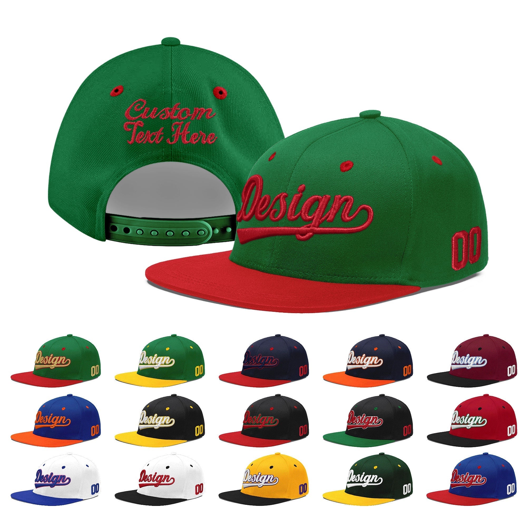 Custom Kelly Green Red 3D Puff Embroidery Flat Embroidery Casual Sport Baseball Cap