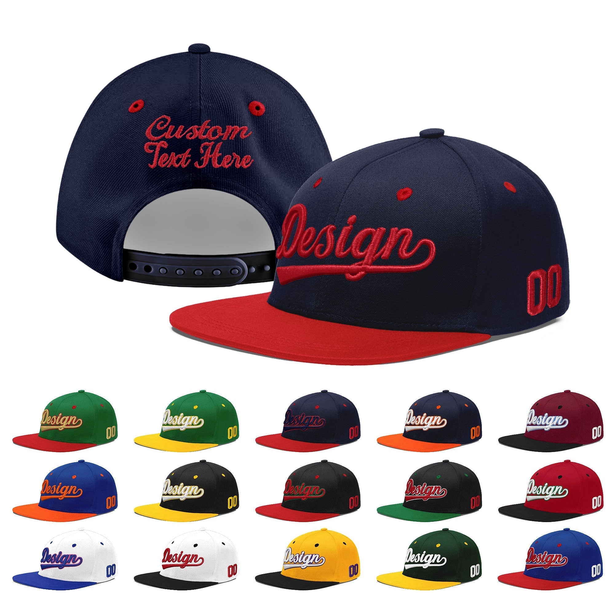 Custom Navy Red 3D Puff Embroidery Flat Embroidery Casual Sport Baseball Cap
