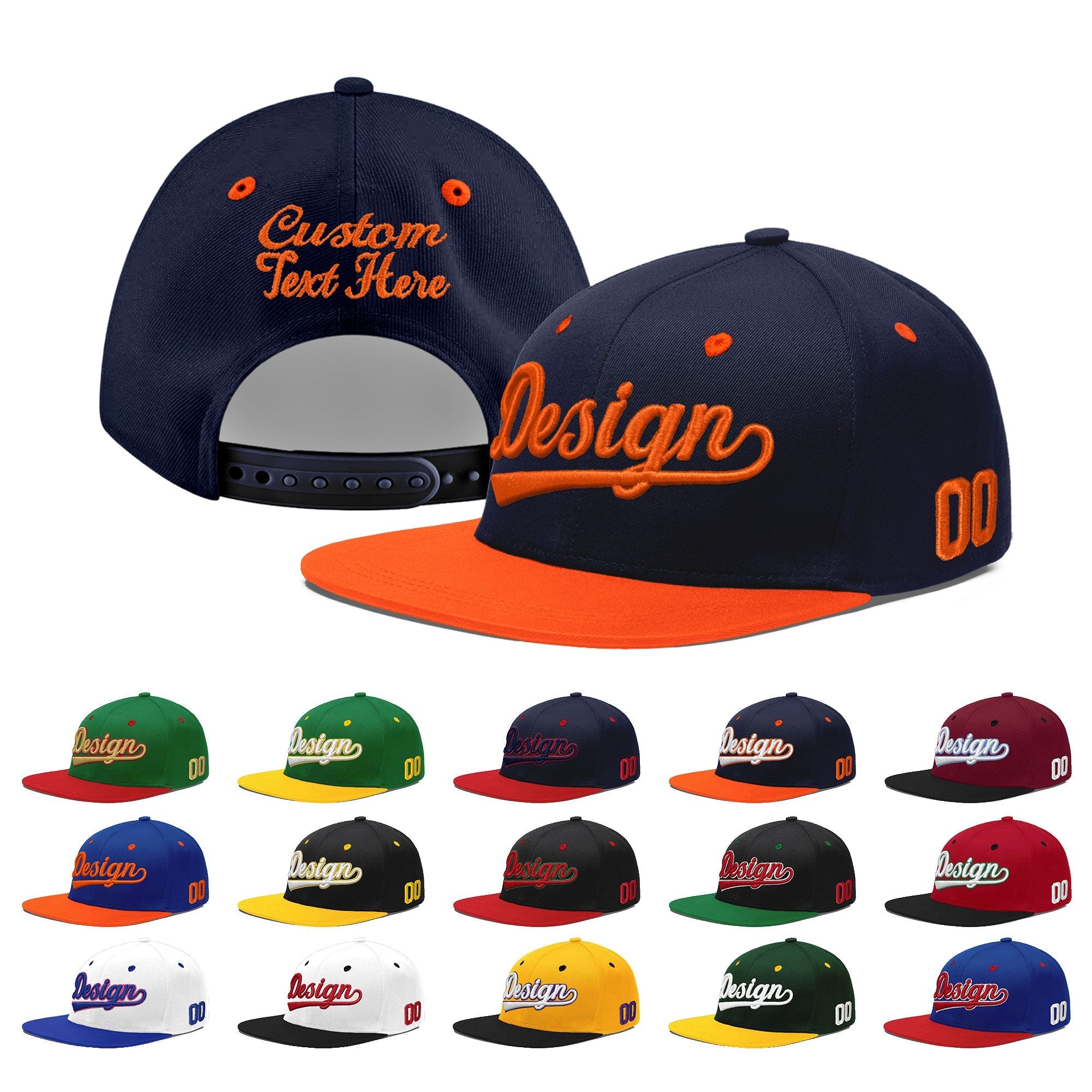 Custom Navy Navy Orange 3D Puff Embroidery Flat Embroidery Casual Sport Baseball Cap