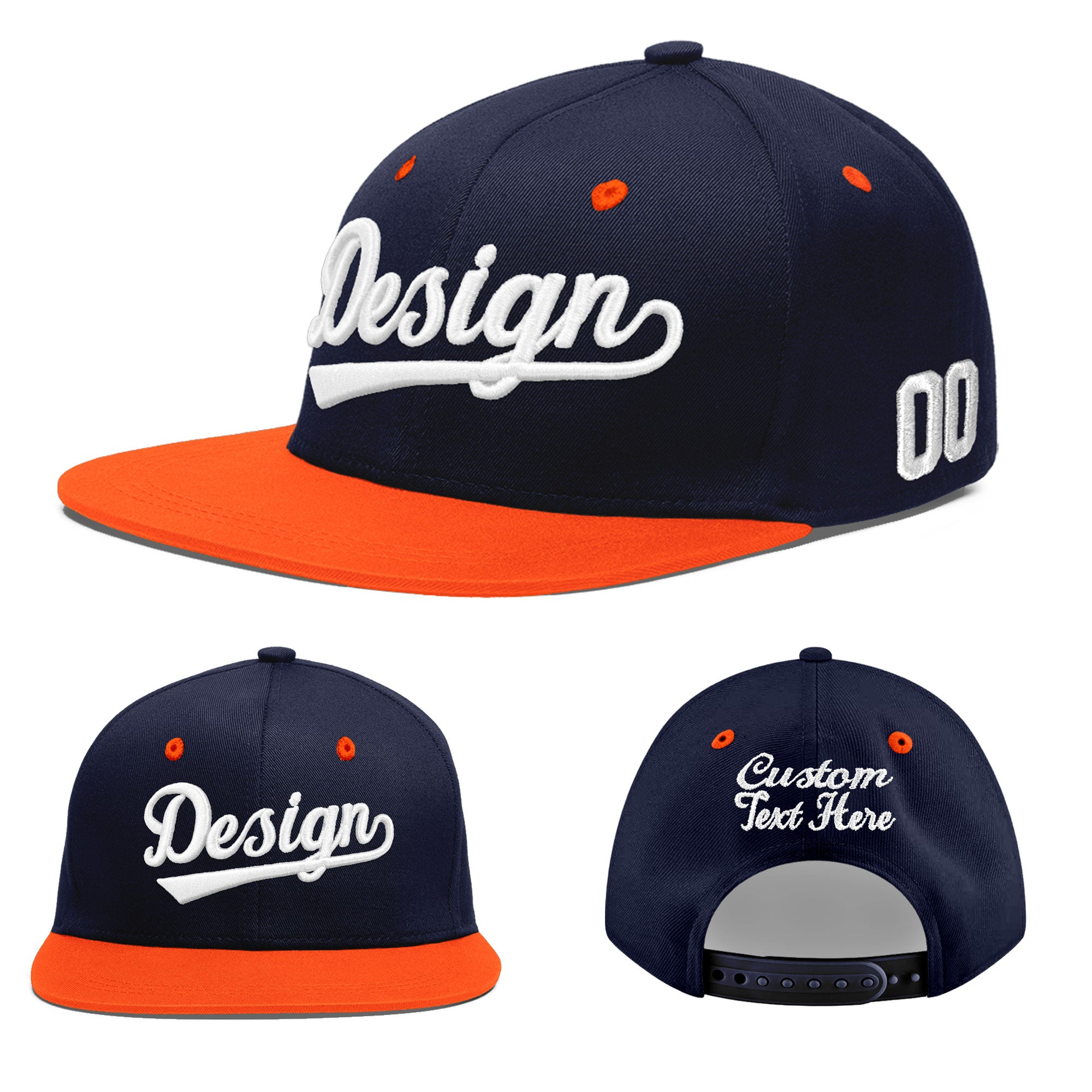 Custom Navy Navy Orange 3D Puff Embroidery Flat Embroidery Casual Sport Baseball Cap