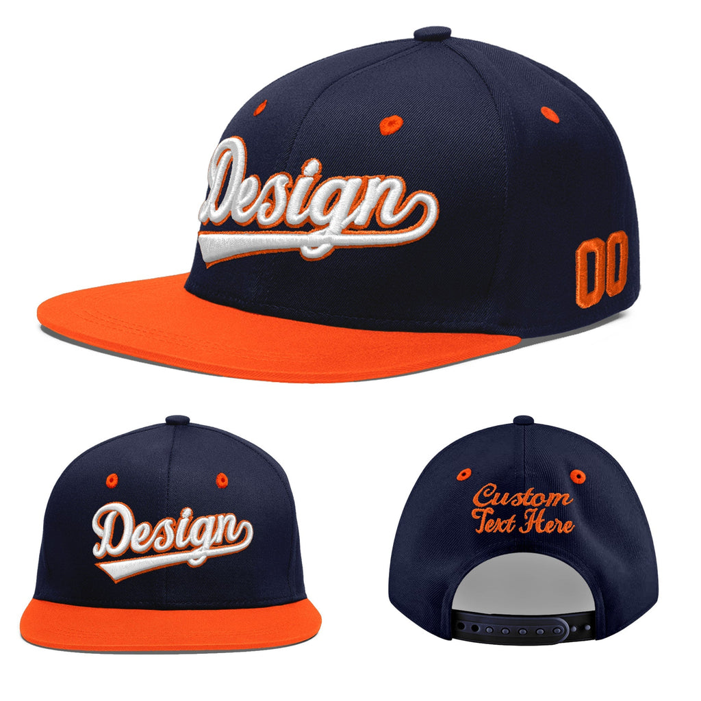 Custom Navy Navy Orange 3D Puff Embroidery Flat Embroidery Casual Sport Baseball Cap