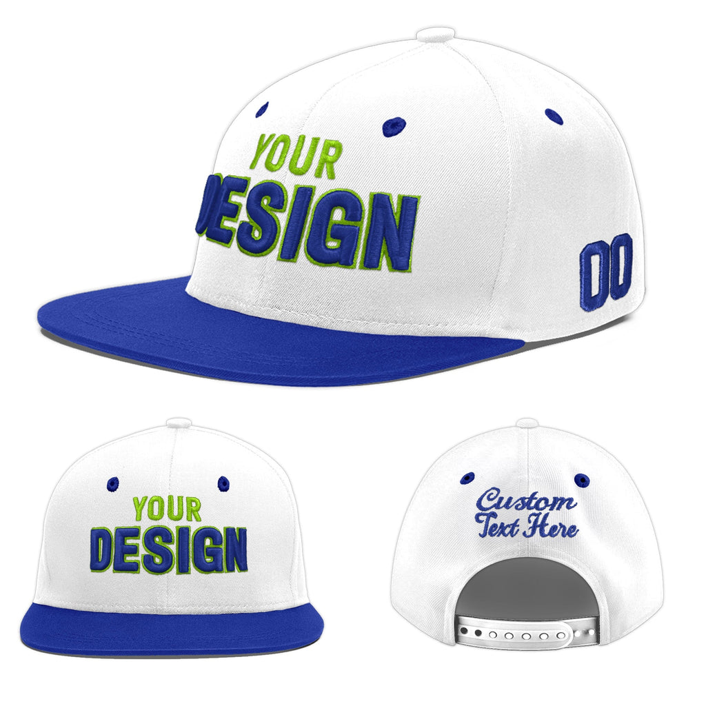 Custom White Royal Blue 3D Puff Embroidery Flat Embroidery Casual Sport Baseball Cap
