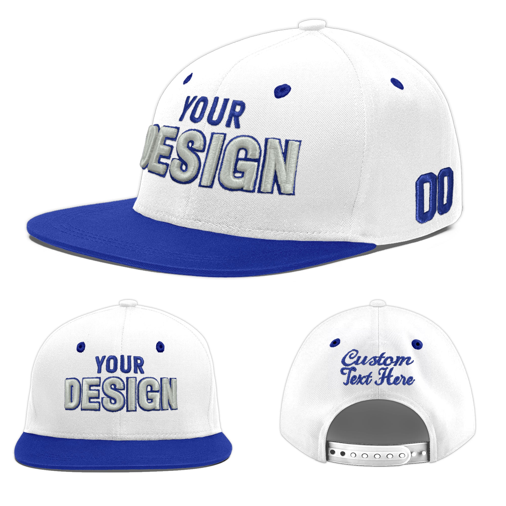 Custom White Royal Blue 3D Puff Embroidery Flat Embroidery Casual Sport Baseball Cap