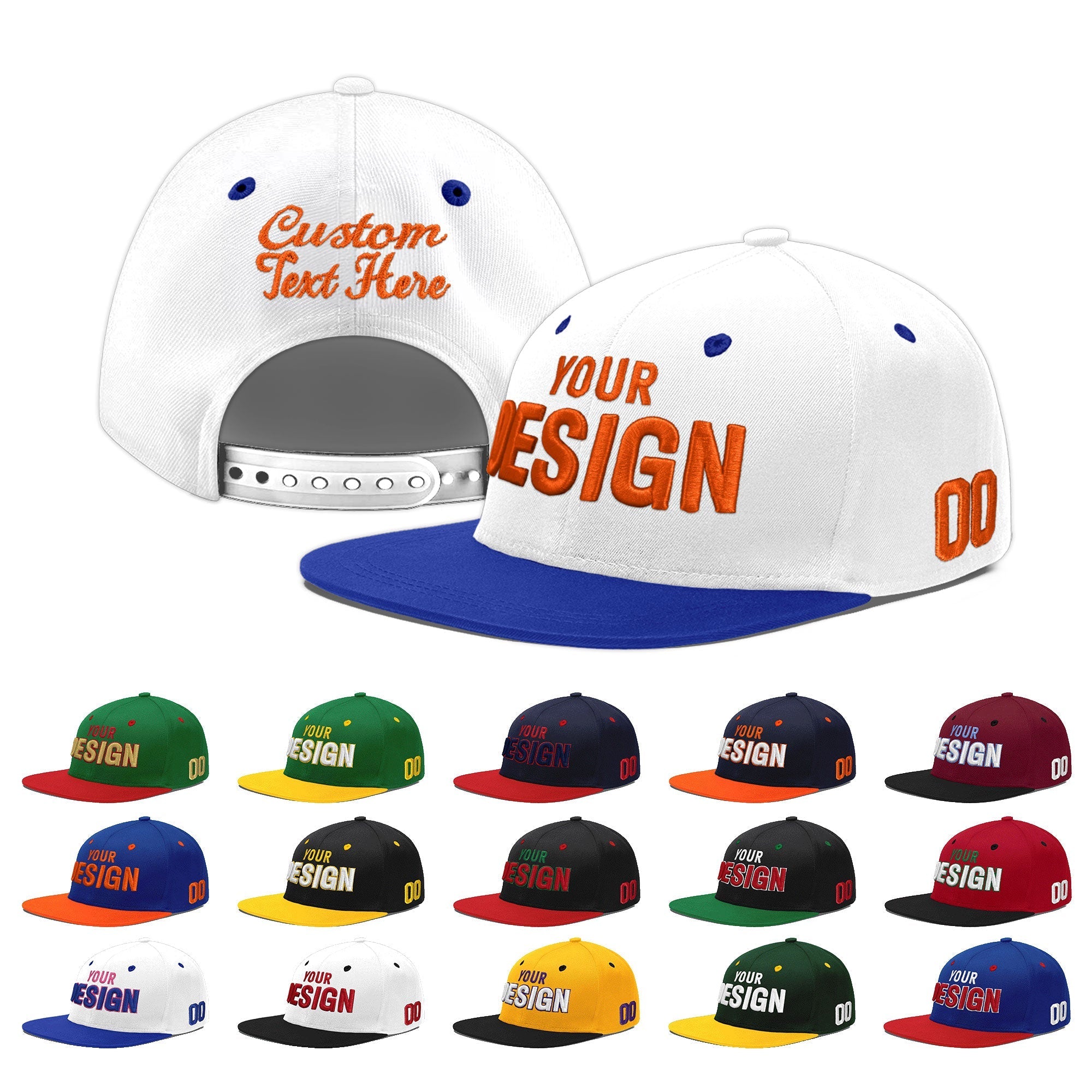 Custom White Royal Blue 3D Puff Embroidery Flat Embroidery Casual Sport Baseball Cap