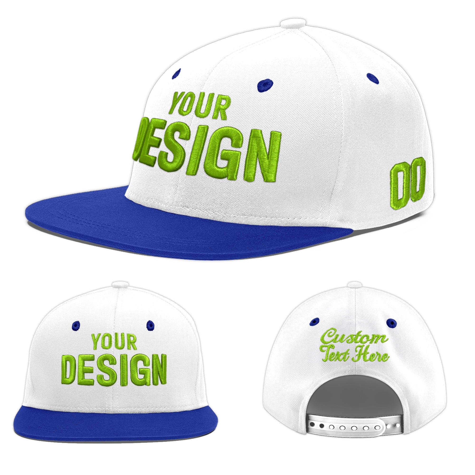 Custom White Royal Blue 3D Puff Embroidery Flat Embroidery Casual Sport Baseball Cap