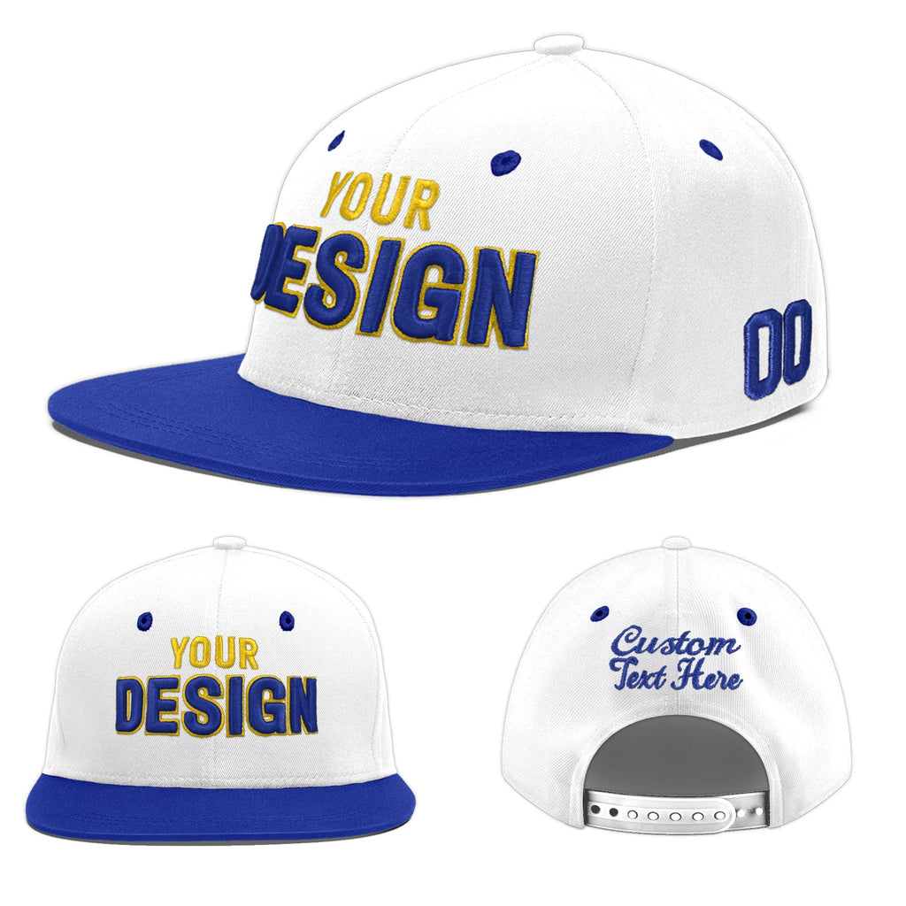 Custom White Royal Blue 3D Puff Embroidery Flat Embroidery Casual Sport Baseball Cap
