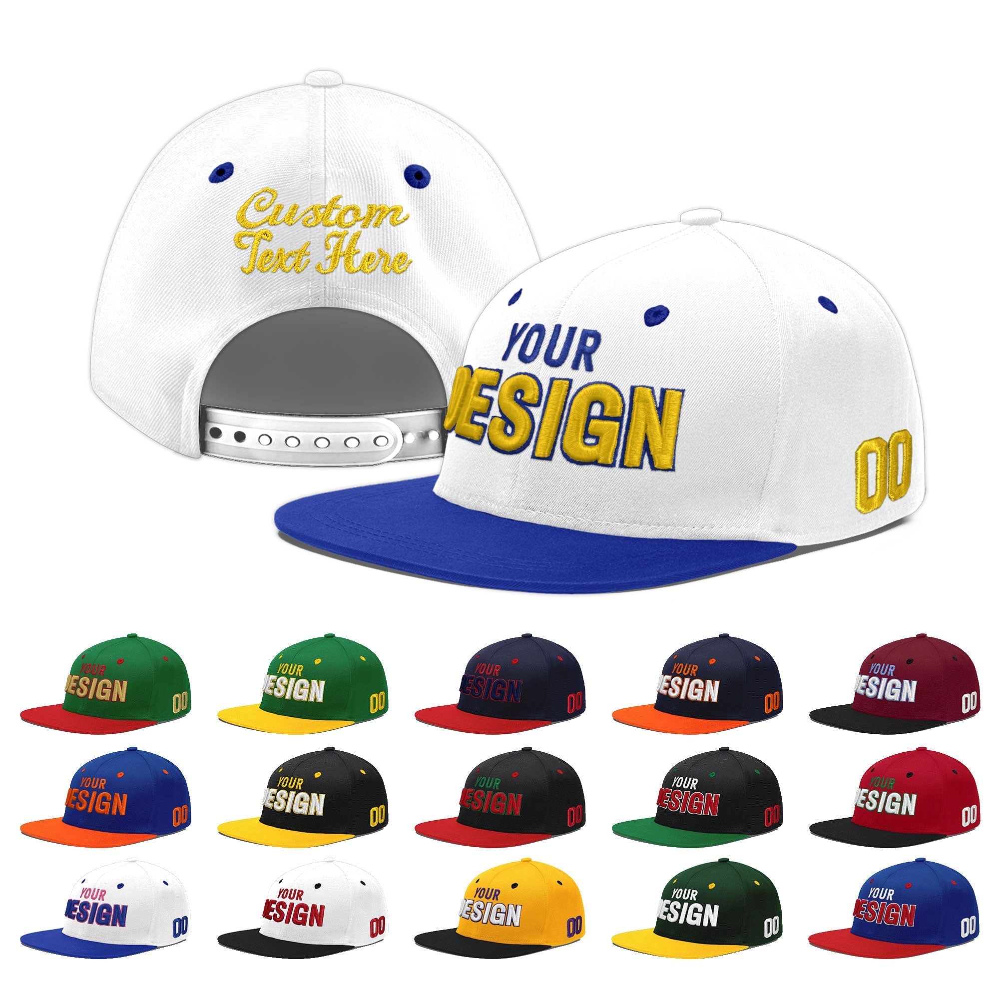 Custom White Royal Blue 3D Puff Embroidery Flat Embroidery Casual Sport Baseball Cap