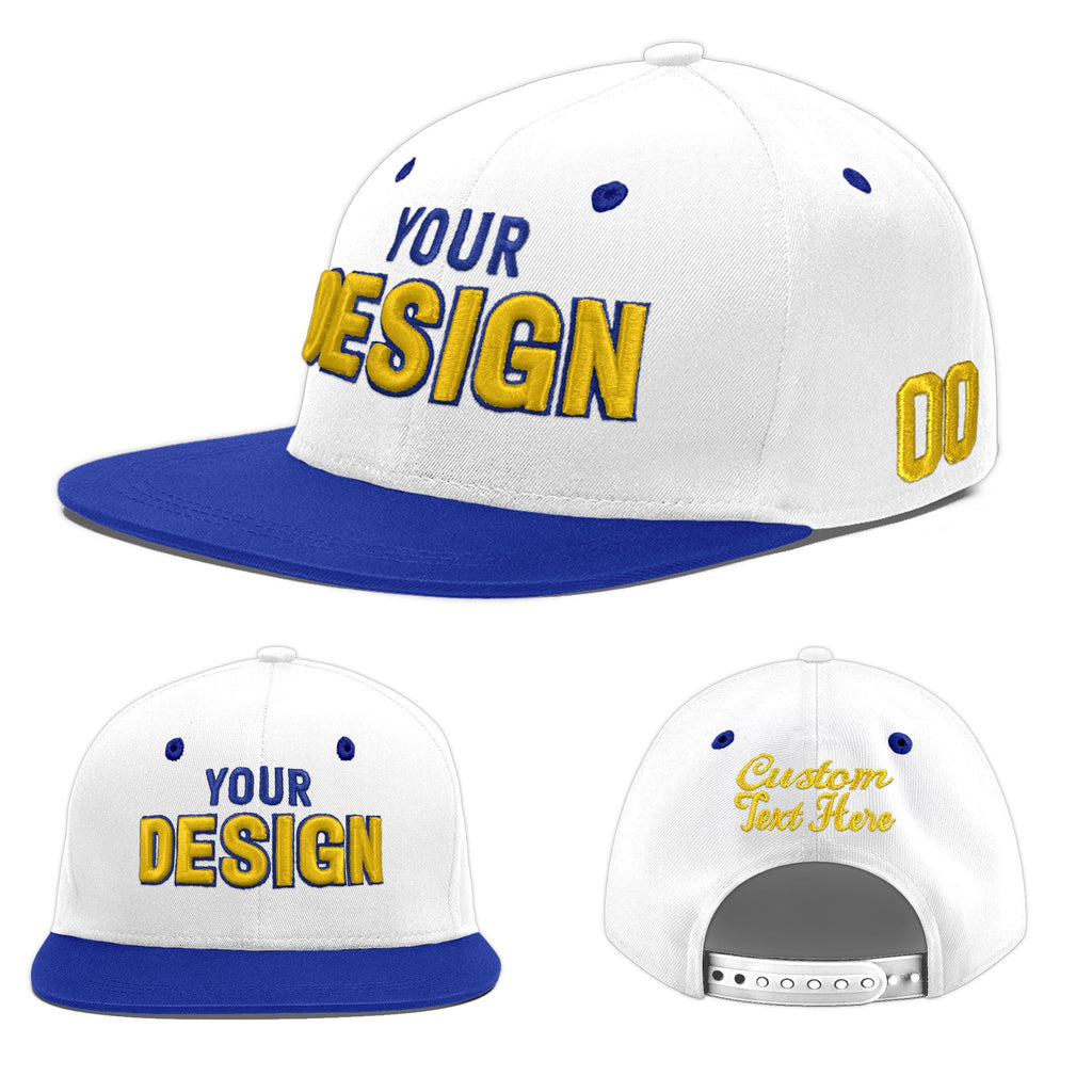 Custom White Royal Blue 3D Puff Embroidery Flat Embroidery Casual Sport Baseball Cap
