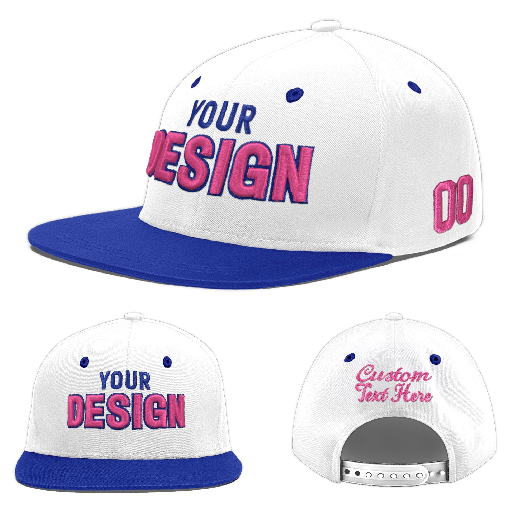 Custom White Royal Blue 3D Puff Embroidery Flat Embroidery Casual Sport Baseball Cap