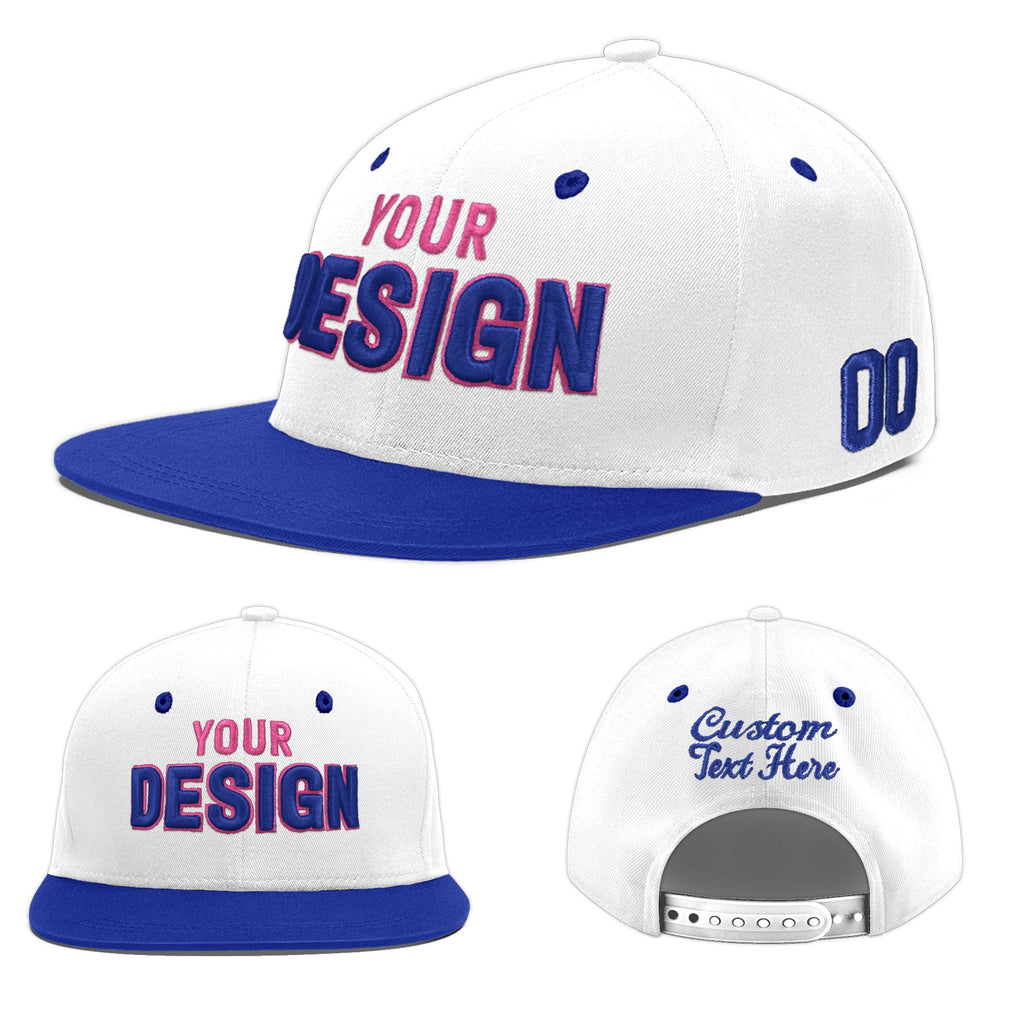 Custom White Royal Blue 3D Puff Embroidery Flat Embroidery Casual Sport Baseball Cap