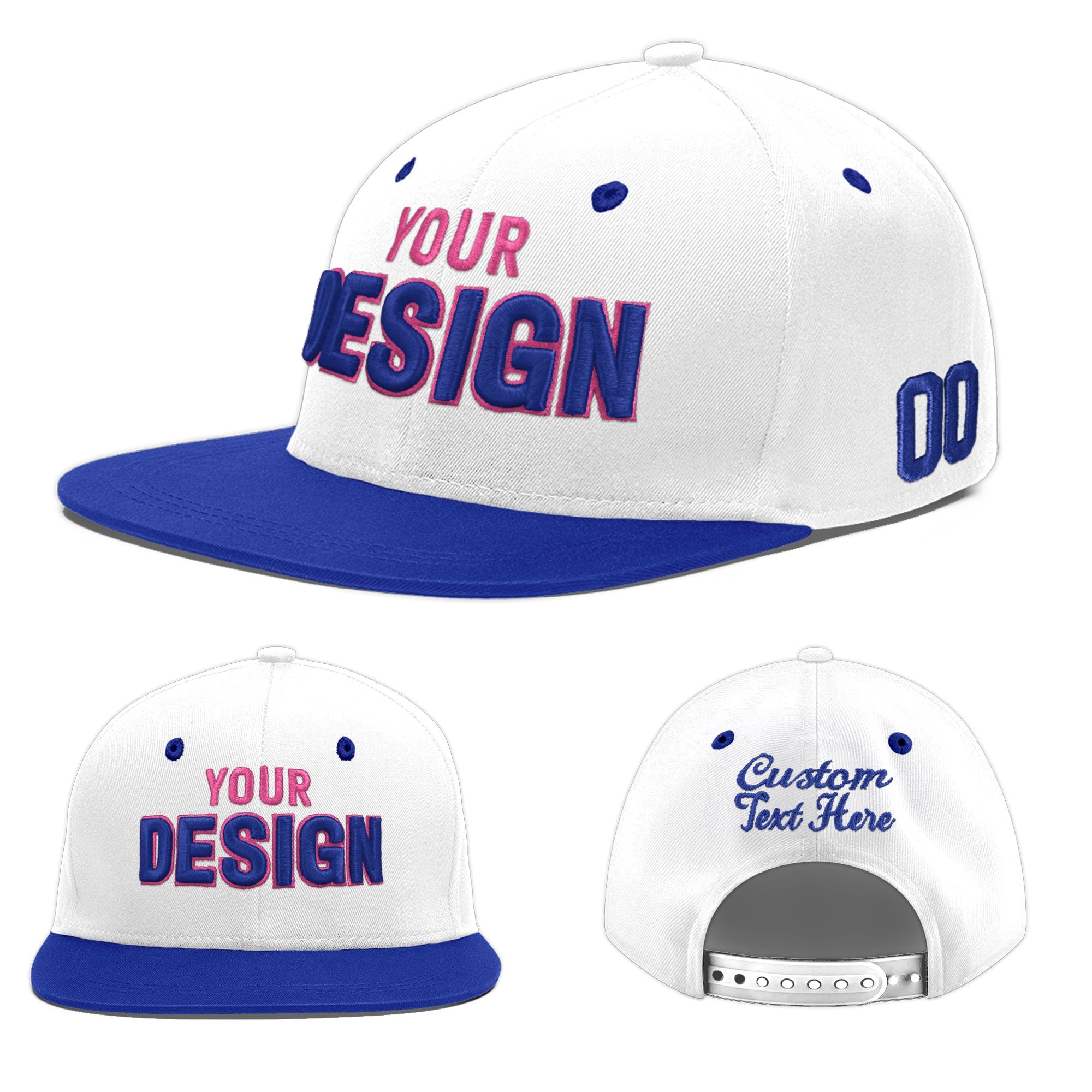 Custom White Royal Blue 3D Puff Embroidery Flat Embroidery Casual Sport Baseball Cap