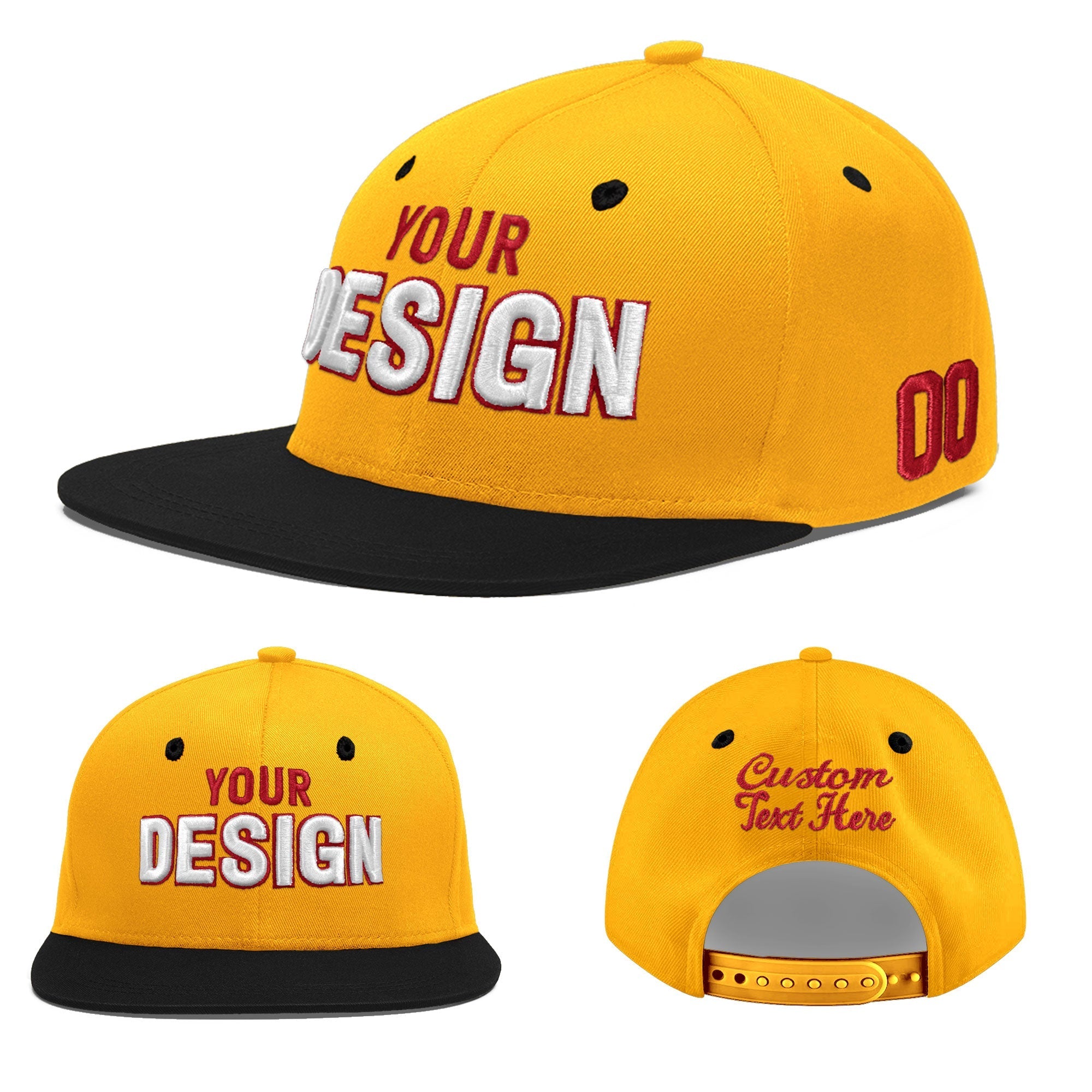 Custom Gold Black 3D Puff Embroidery Flat Embroidery Casual Sport Baseball Cap