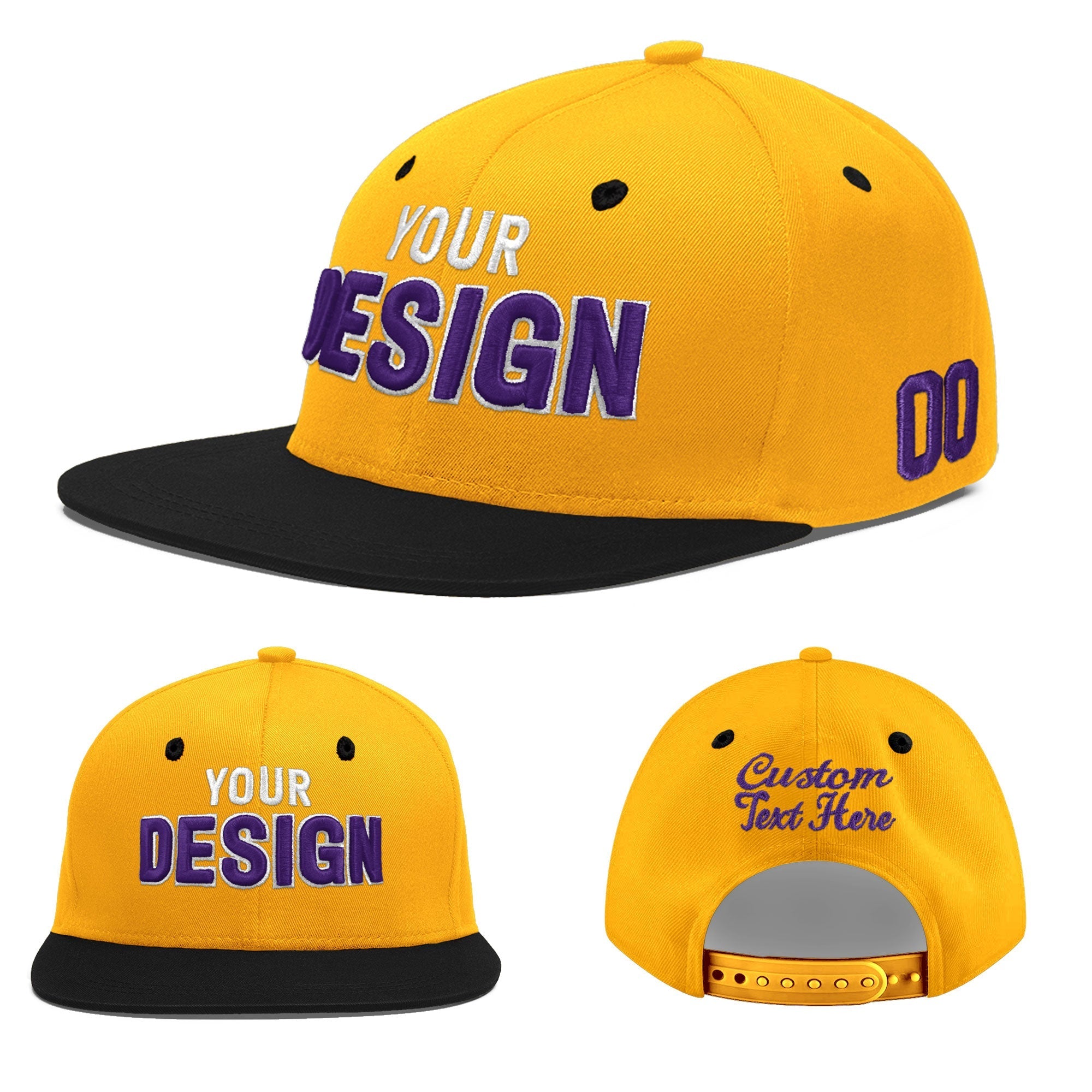 Custom Gold Black 3D Puff Embroidery Flat Embroidery Casual Sport Baseball Cap
