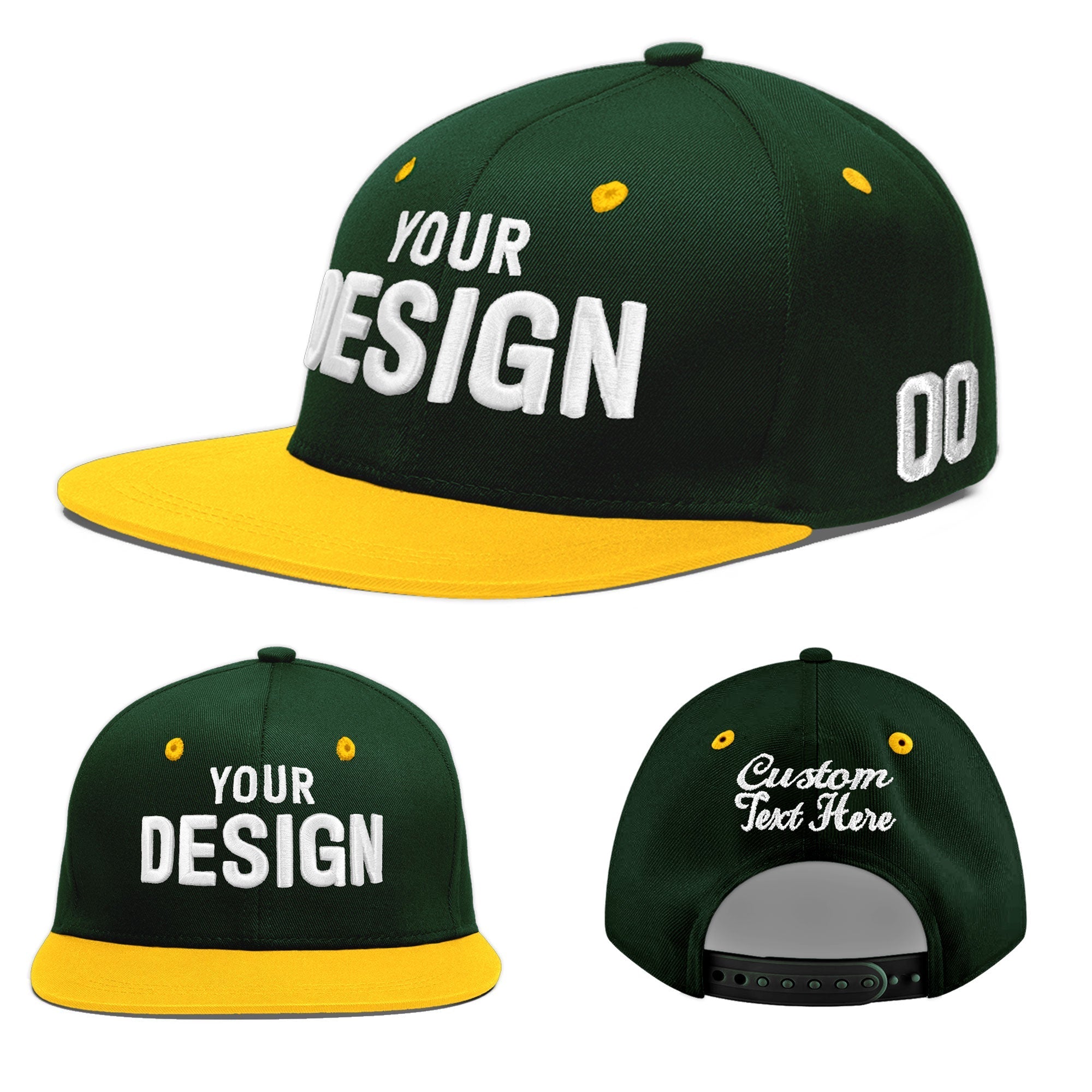 Custom Green Gold 3D Puff Embroidery Flat Embroidery Casual Sport Baseball Cap