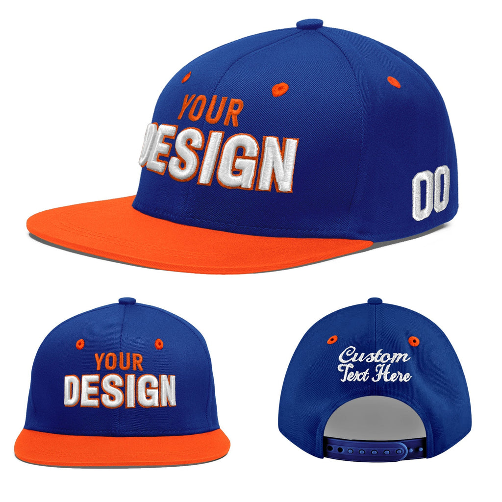 Custom Royal Blue Orange 3D Puff Embroidery Flat Embroidery Casual Sport Baseball Cap