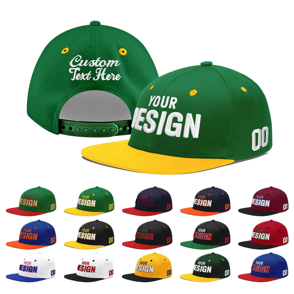 Custom Kelly Green Gold 3D Puff Embroidery Flat Embroidery Casual Sport Baseball Cap