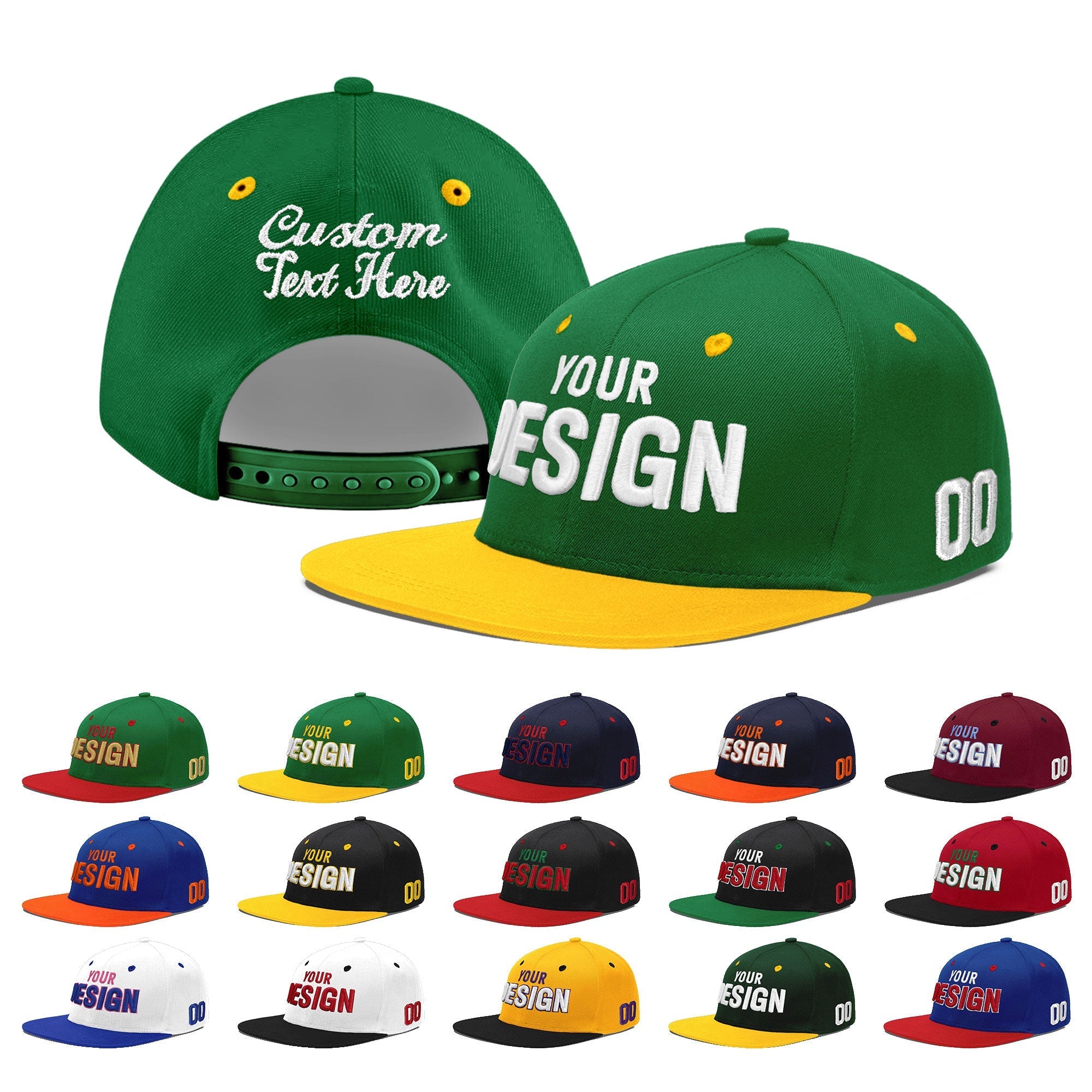 Custom Kelly Green Gold 3D Puff Embroidery Flat Embroidery Casual Sport Baseball Cap