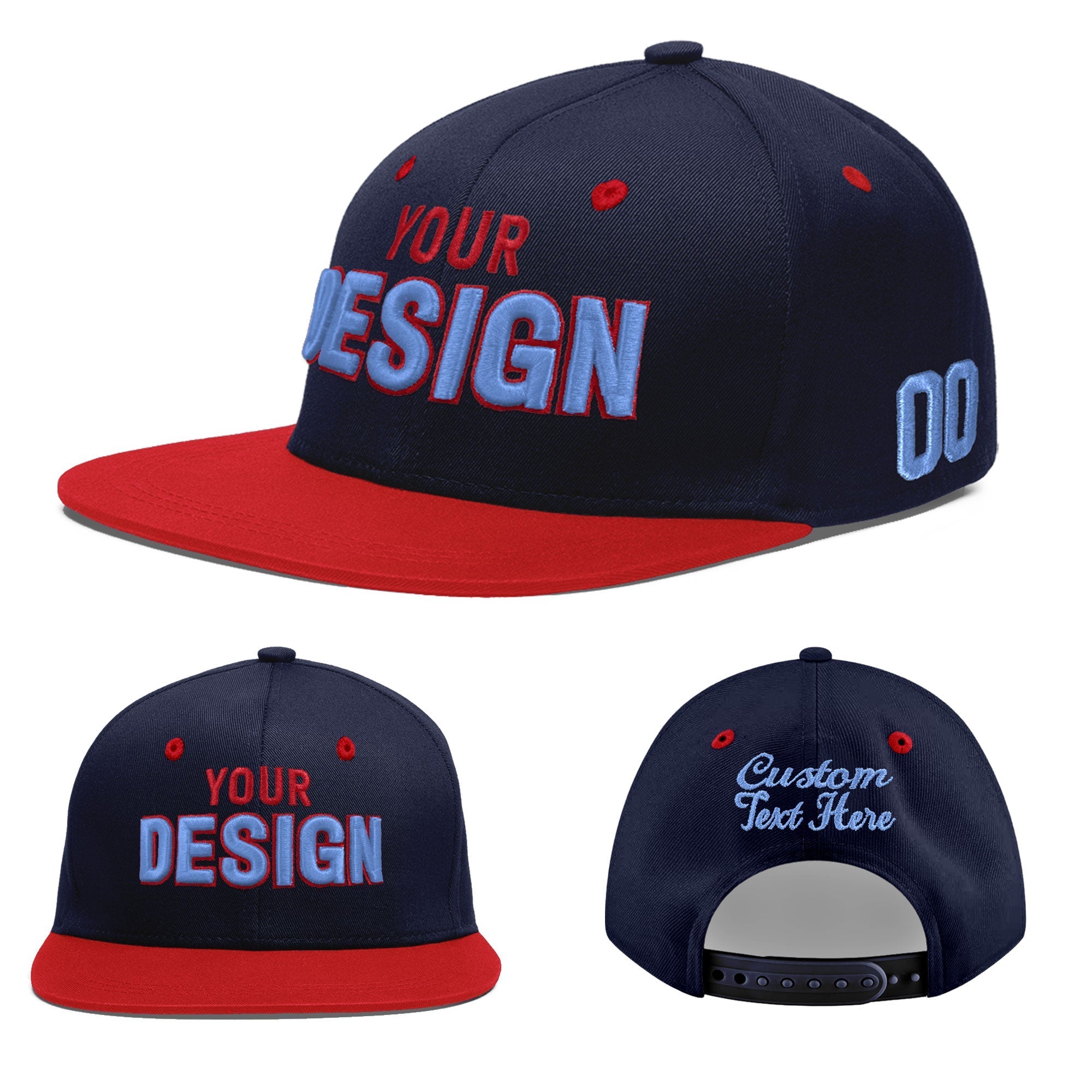 Custom Navy Red 3D Puff Embroidery Flat Embroidery Casual Sport Baseball Cap