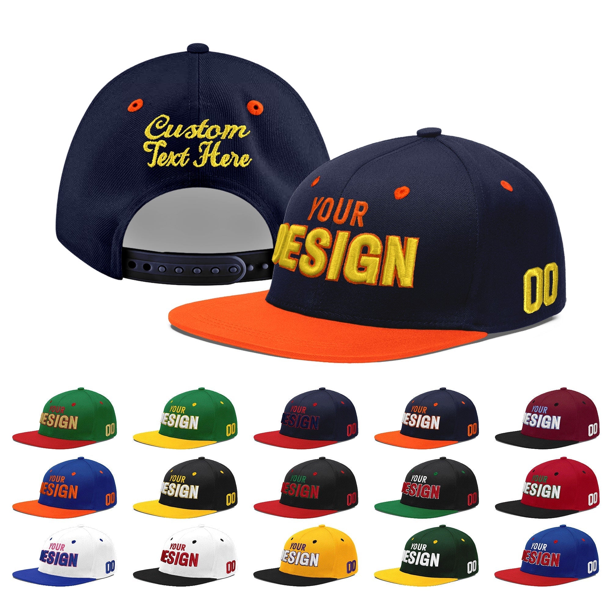 Custom Navy Navy Orange 3D Puff Embroidery Flat Embroidery Casual Sport Baseball Cap