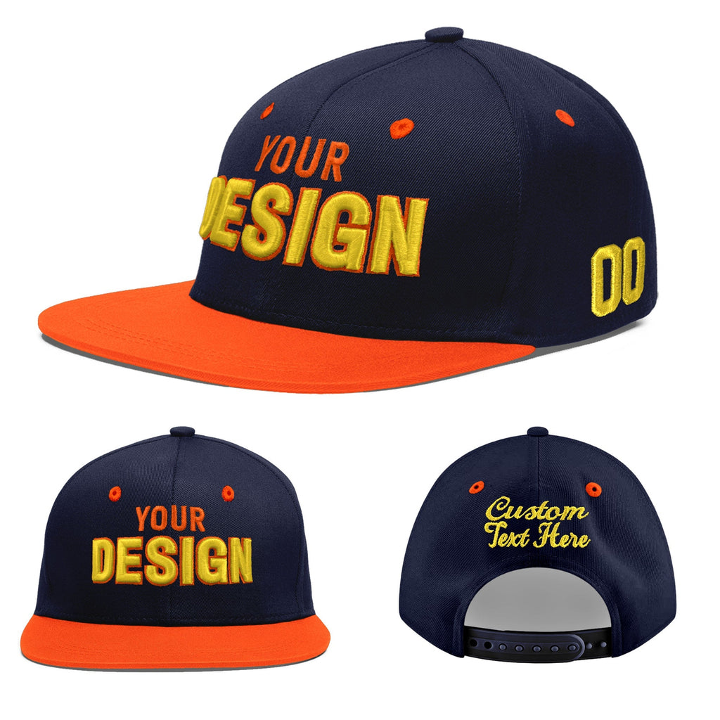 Custom Navy Navy Orange 3D Puff Embroidery Flat Embroidery Casual Sport Baseball Cap
